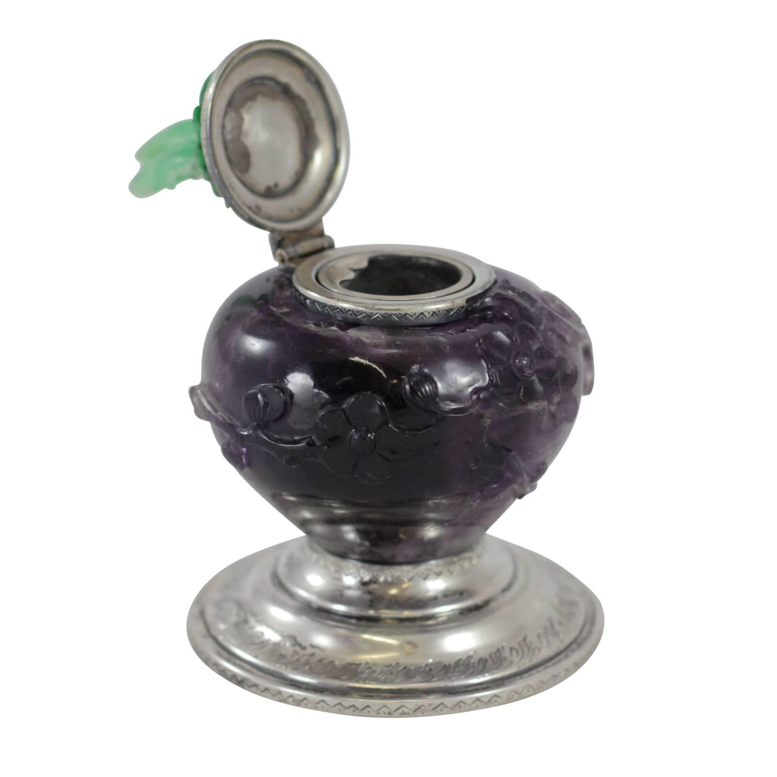 Art Deco Edward Farmer Amethyst, Jade and Sterling Inkwell For Sale