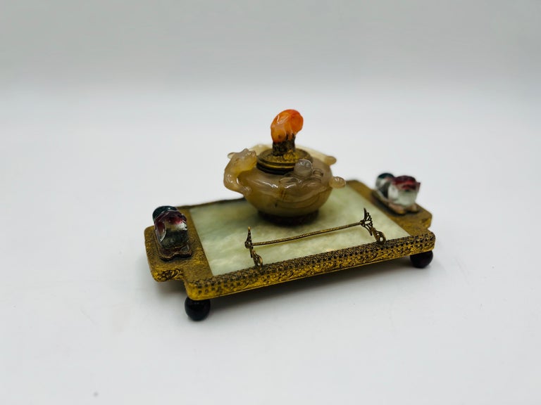 Edward Farmer Chinese Carved Jade and Agate Dragon Inkwell W/ Gold Gilt ...