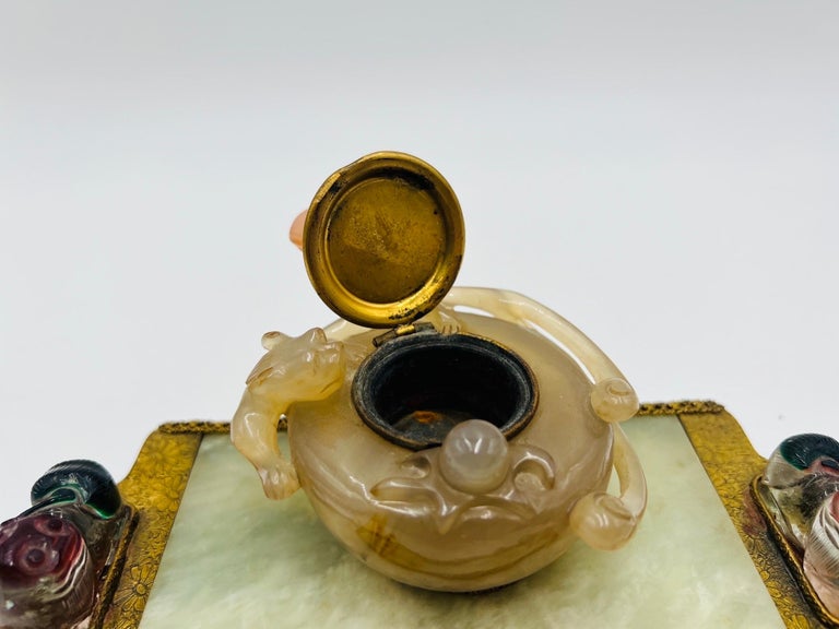 Edward Farmer Chinese Carved Jade and Agate Dragon Inkwell W/ Gold Gilt ...