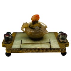 Edward Farmer Chinese Carved Jade & Agate Dragon Inkwell W/ Gold Gilt Filigree