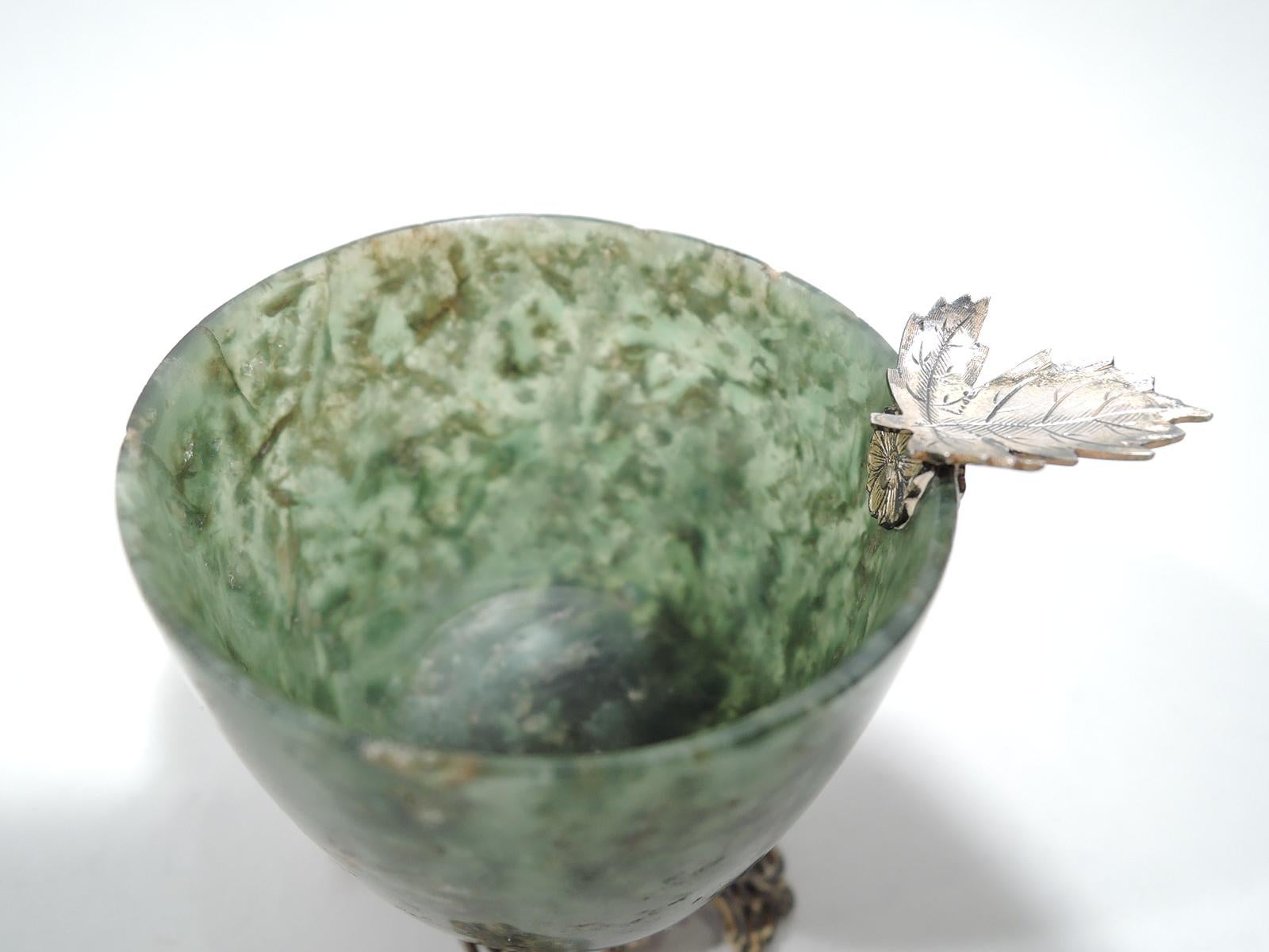 Art Deco Edward Farmer Chinese-Style Green Hardstone and Silver Gilt Bowl For Sale