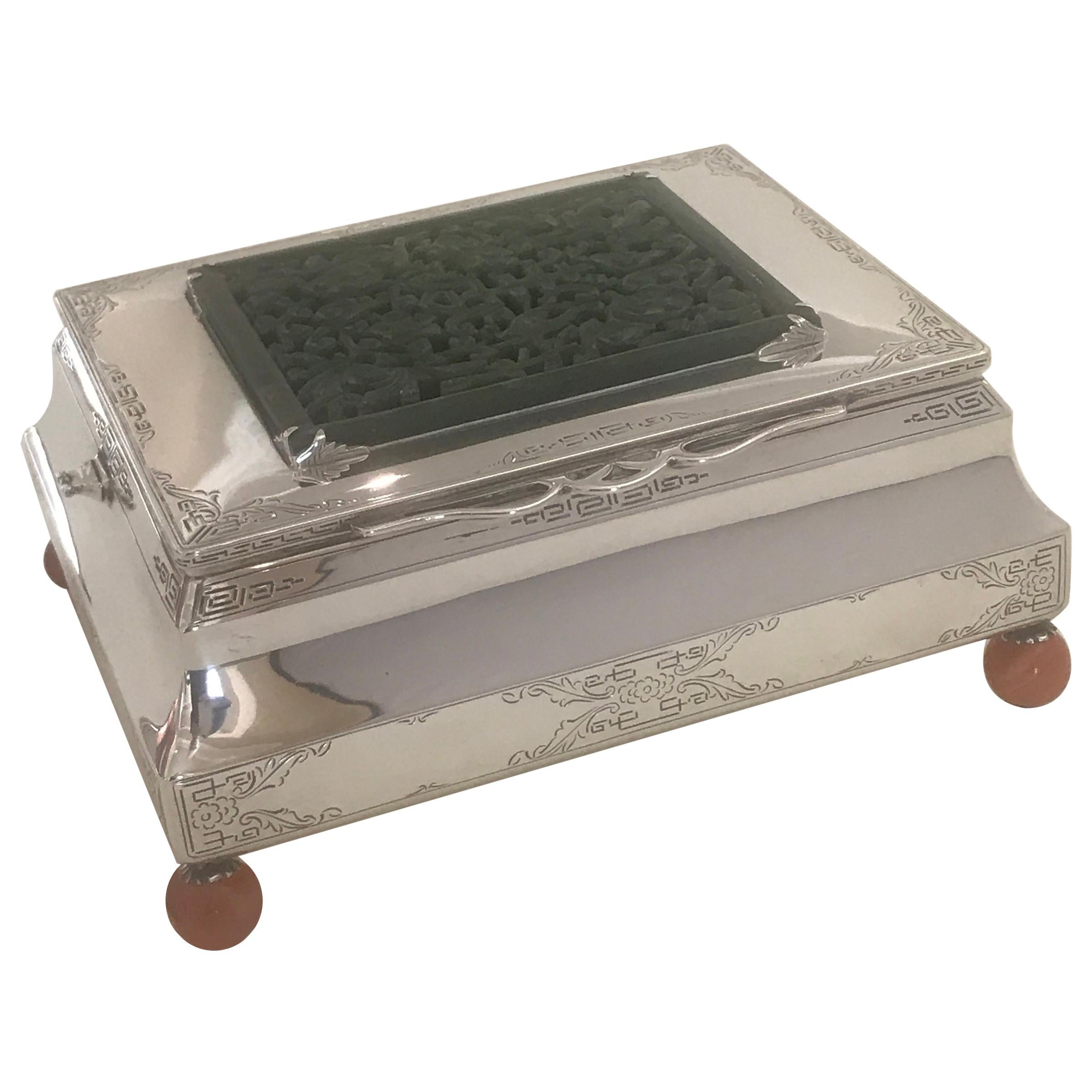 Edward Farmer Large Sterling Silver and Jade Table Box For Sale