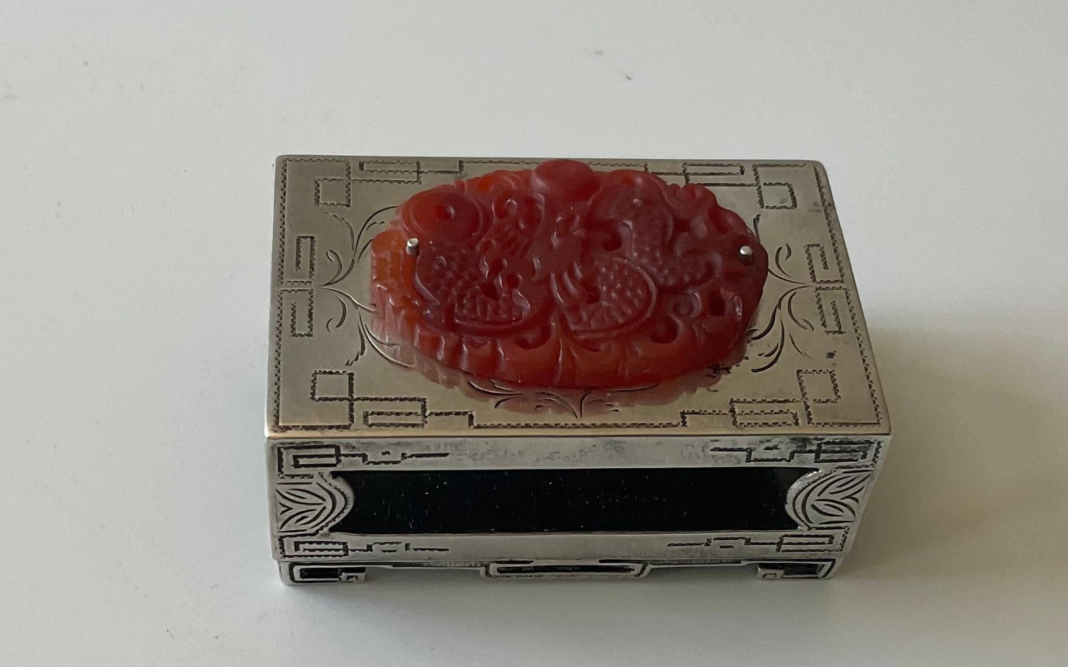 American Edward Farmer New York Sterling and Dragon Carnelian Art Deco Matchbox Cover For Sale