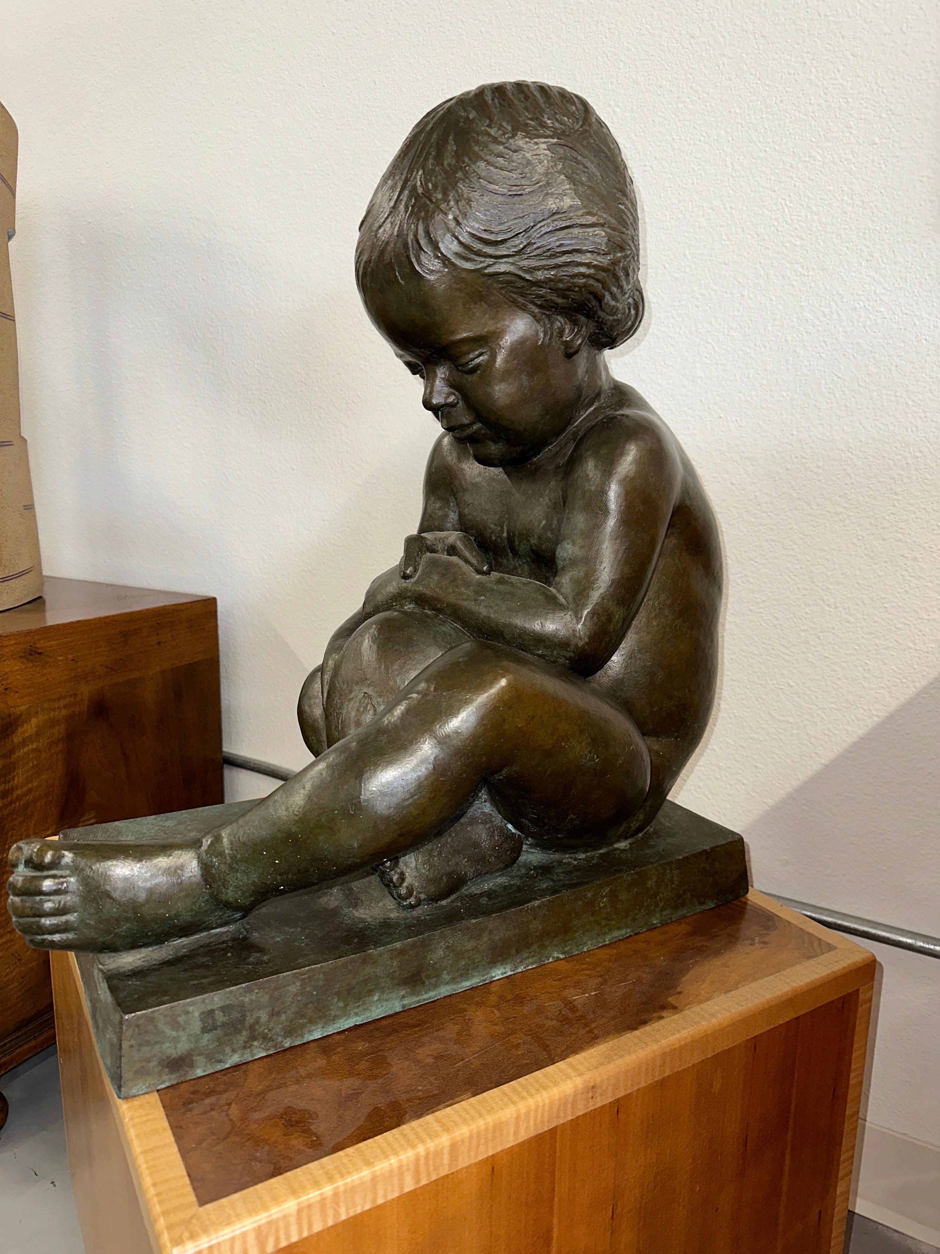Américain Edward Fenno Hoffman bronze Girl  Avec lapin 1977 en vente