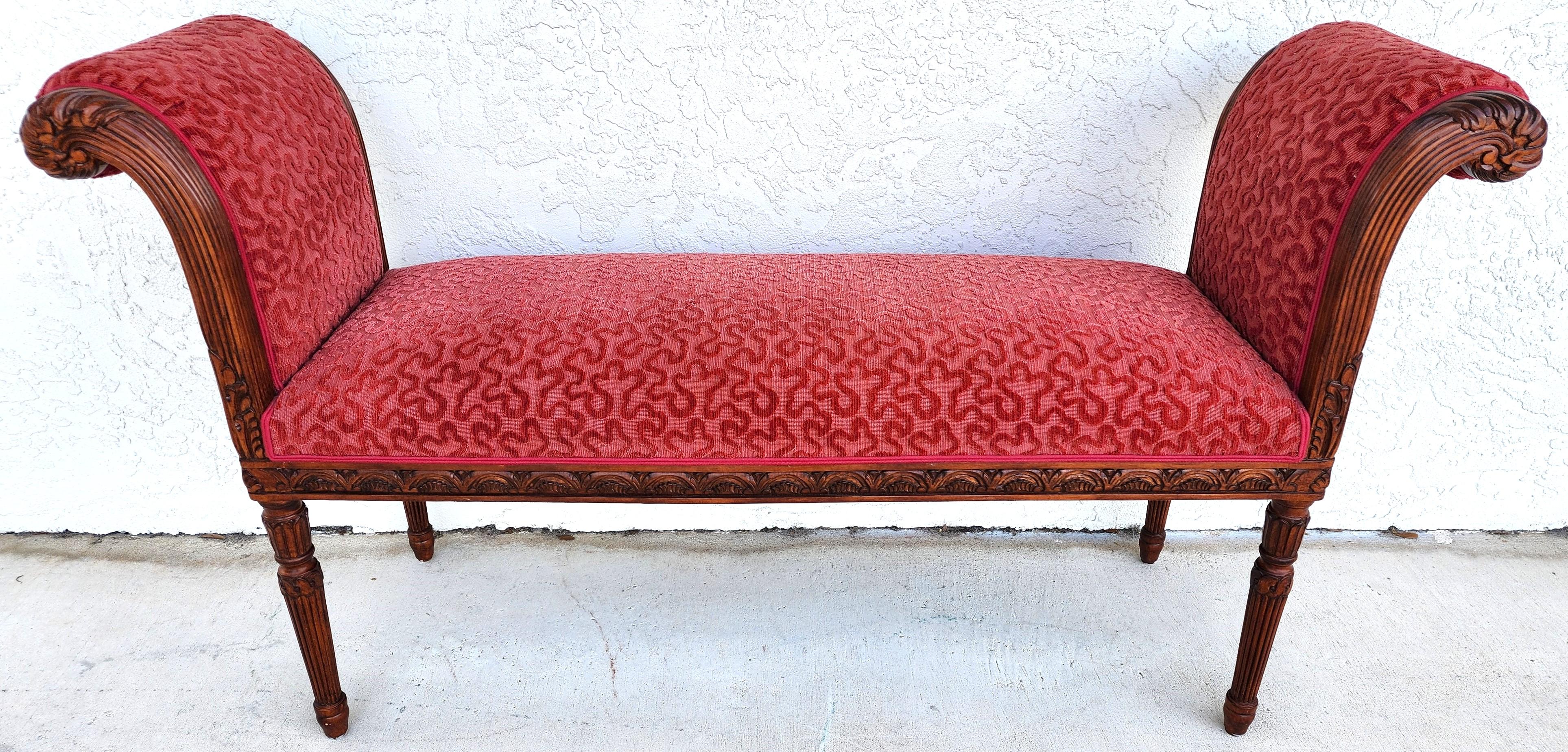 For FULL item description click on CONTINUE READING at the bottom of this page.

Offering One Of Our Recent Palm Beach Estate Fine Furniture Acquisitions Of An
Edward Ferrell Neoclassical revival style window bench in carved wood with Burnout Velvet