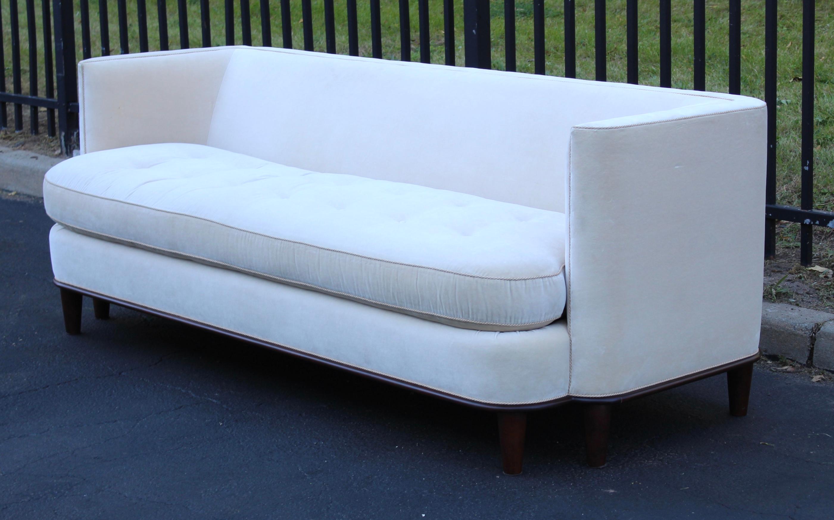 Edward Ferrell & Lewis Mittman modern mohair and walnut sofa, with some wear and light stains to the fabric.