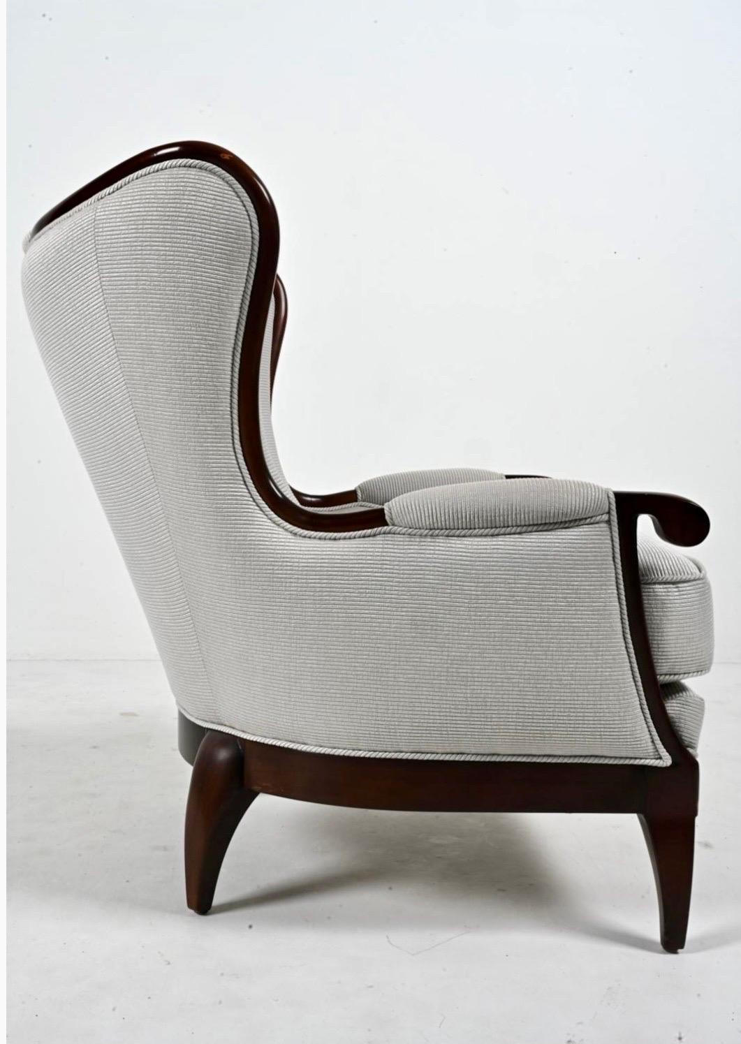 American Edward Ferrell Modern Upholstered Mahogany Wingback Reading Chair Armchair