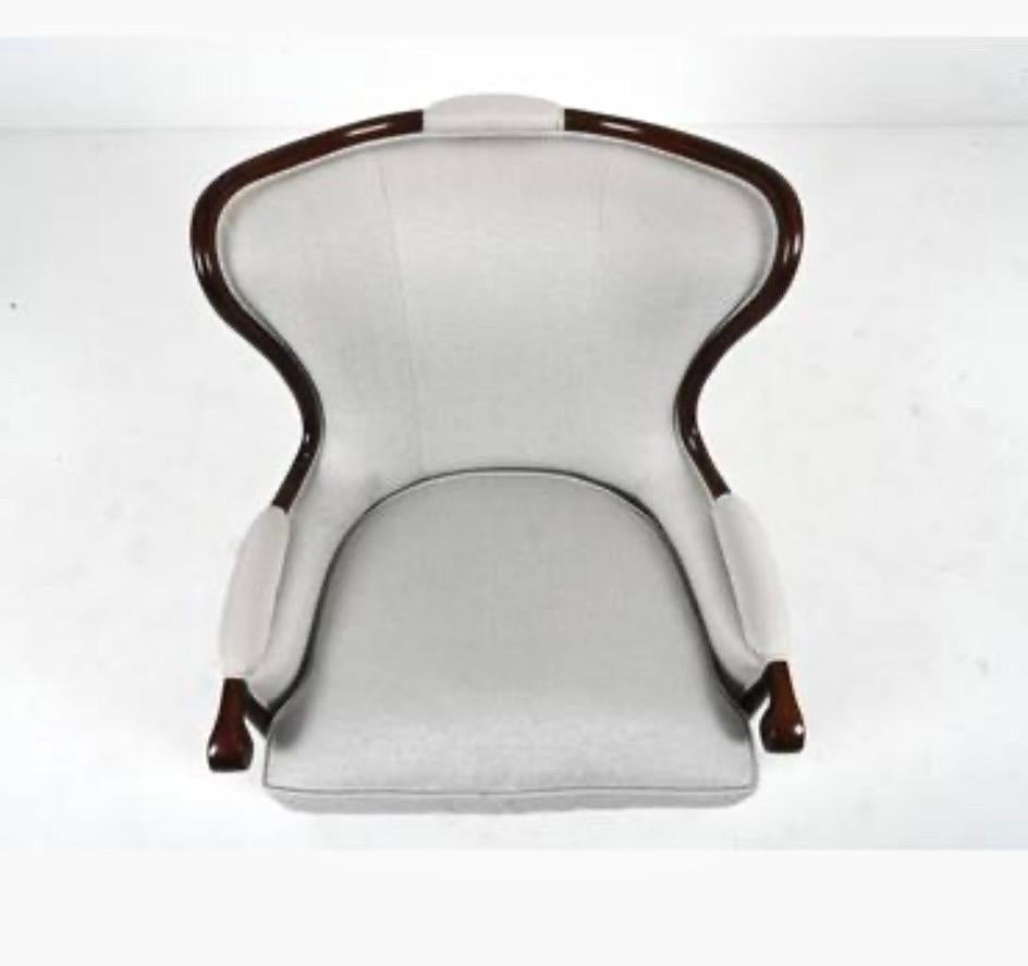 Edward Ferrell Modern Upholstered Mahogany Wingback Reading Chair Armchair In Good Condition In West Hartford, CT