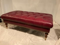 Edward Ferrell Tufted Red Leather Ottoman On Brass Casters