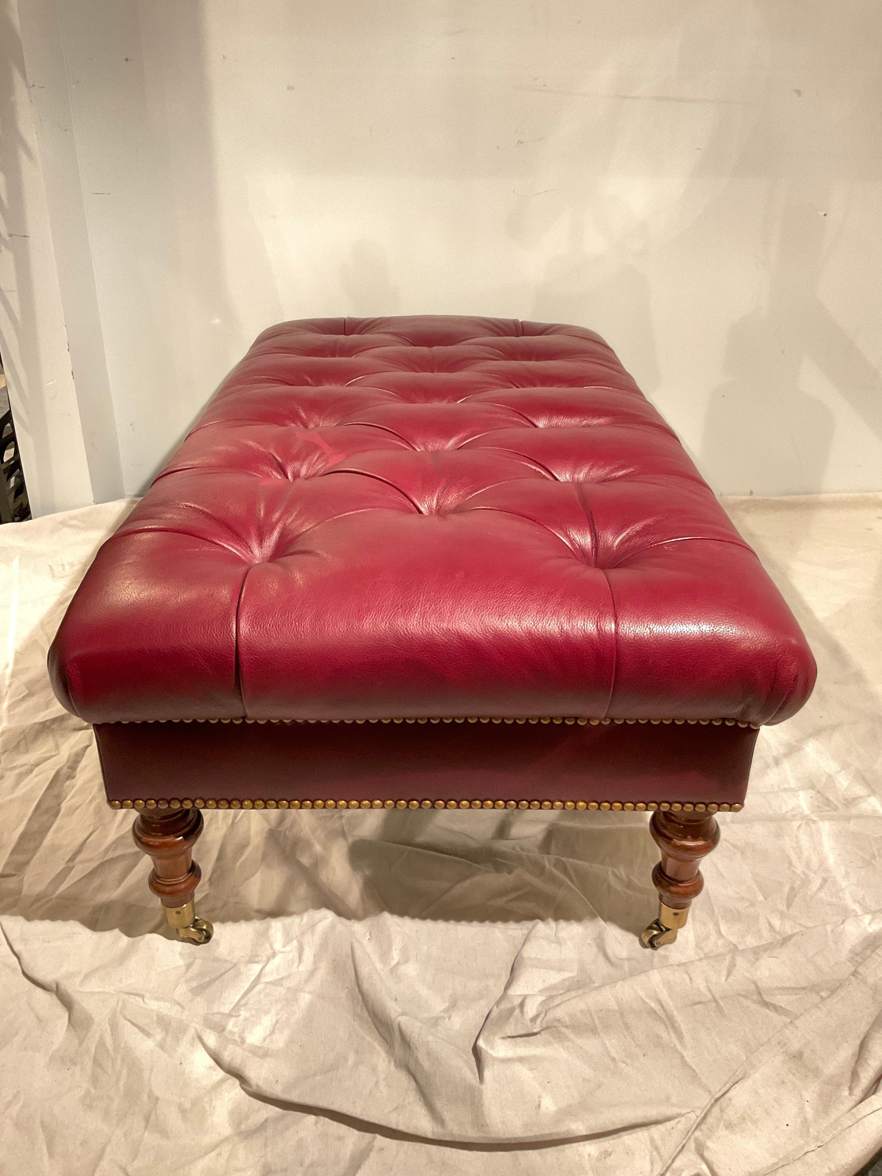 Contemporary Edward Ferrell Tufted Red Leather Ottoman On Brass Casters For Sale
