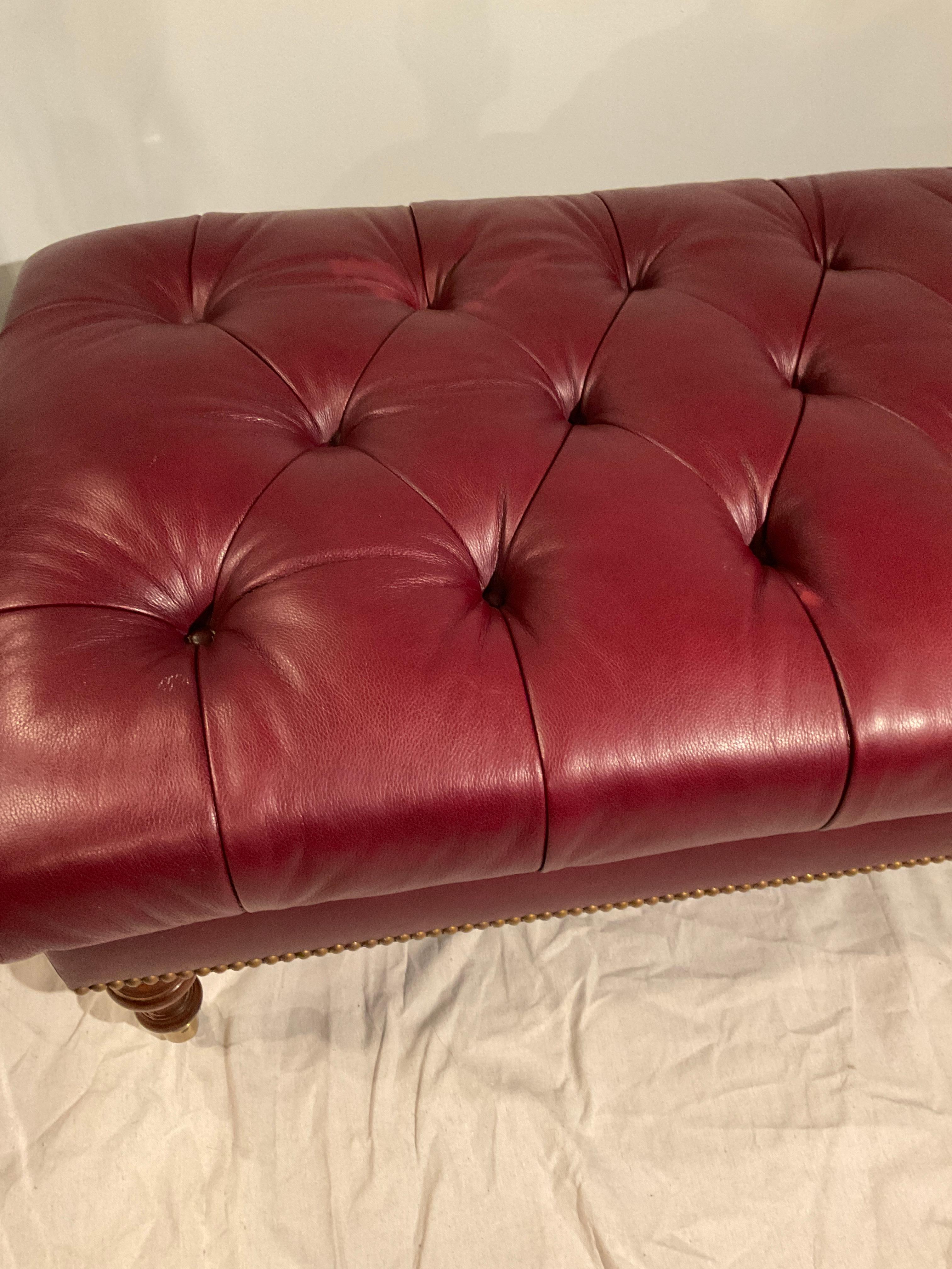 Edward Ferrell Tufted Red Leather Ottoman On Brass Casters For Sale 1