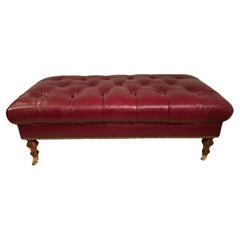 Edward Ferrell Tufted Red Leather Ottoman On Brass Casters