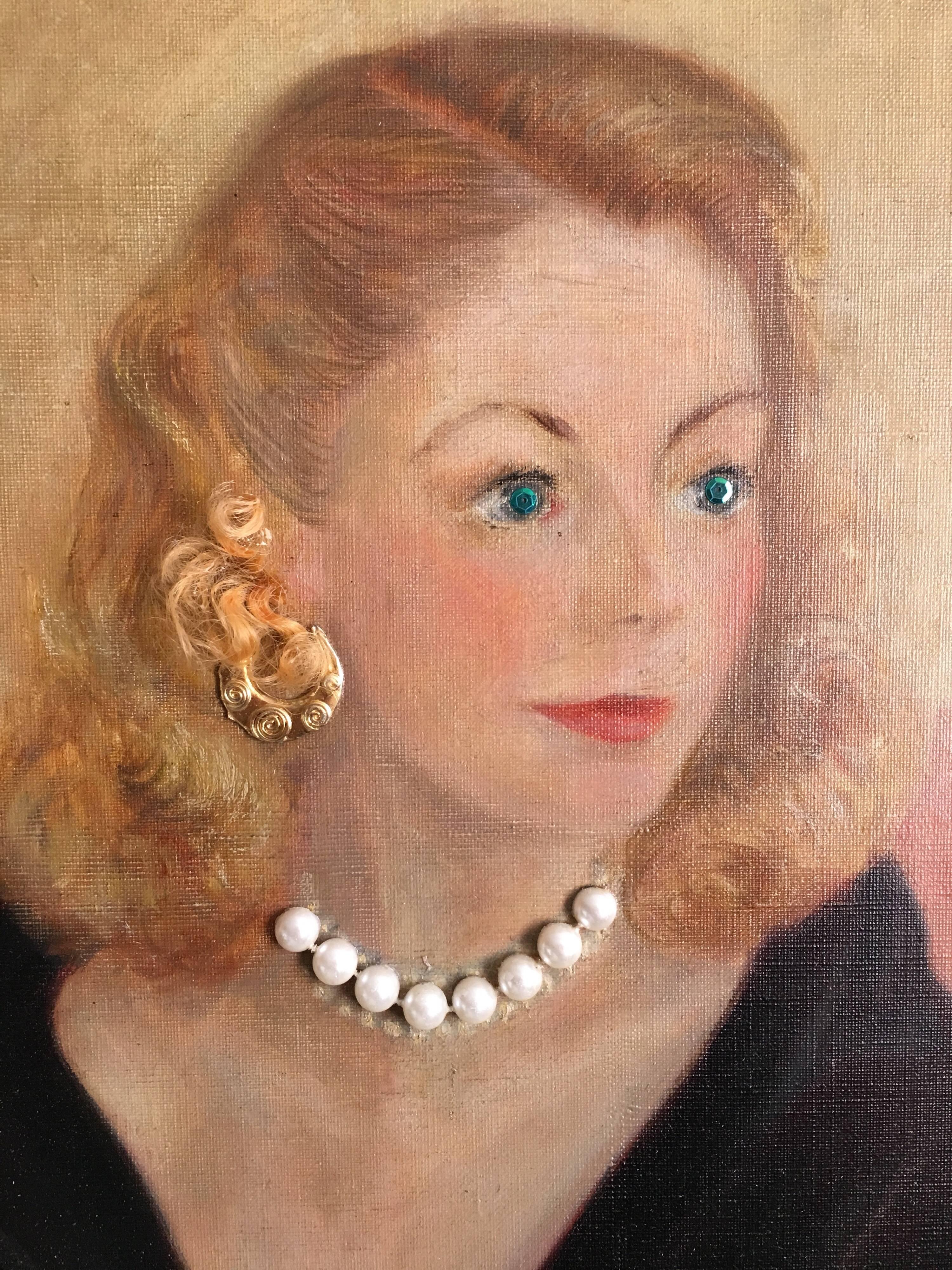 Jeune fille parisienne des années 1950 - Peinture au collage  - Marron Portrait Painting par Edward Fish