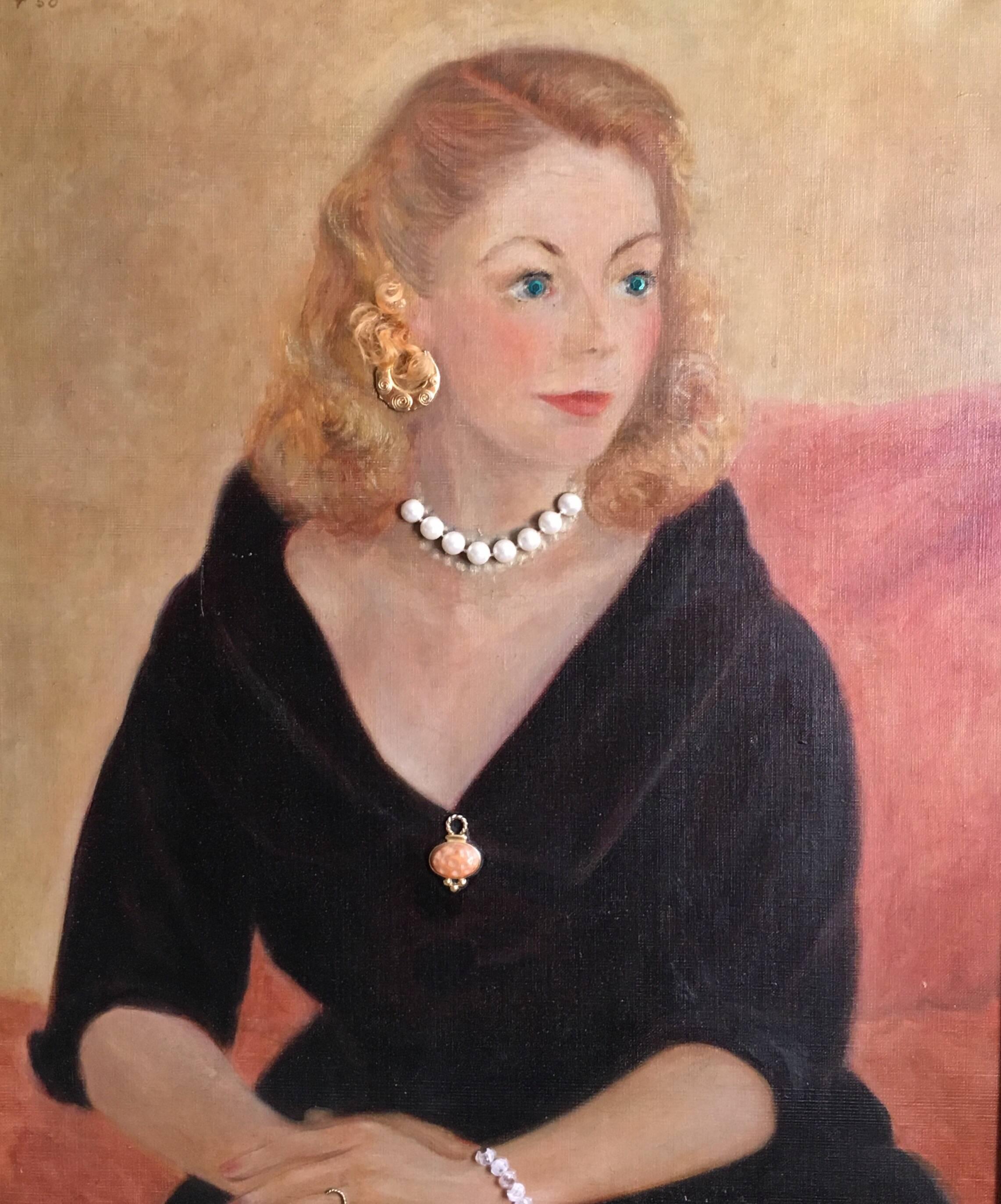 Portrait Painting Edward Fish - Jeune fille parisienne des années 1950 - Peinture au collage 