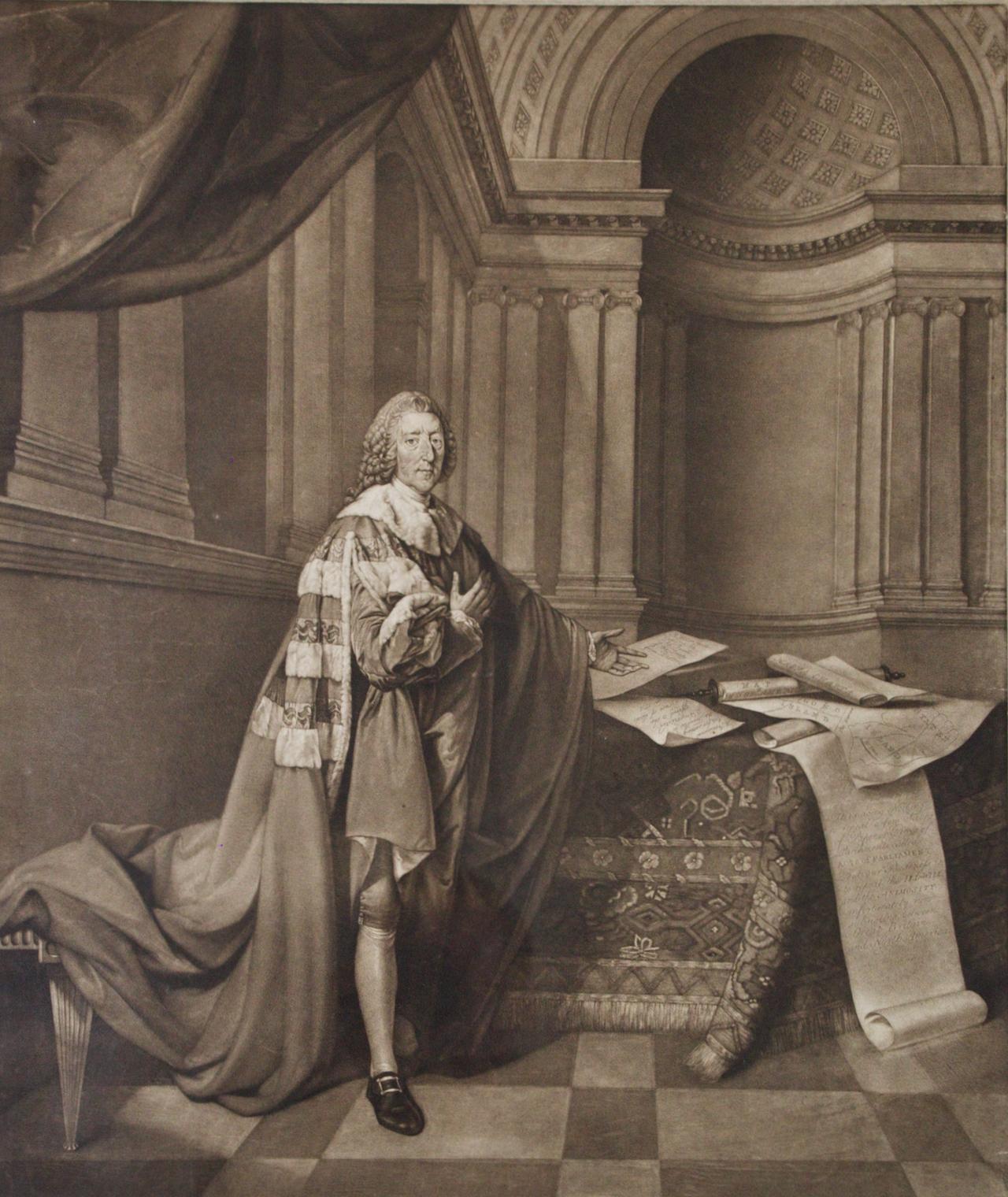 Porträt von William Pitt, Earl of Chatham: Seltenes gerahmtes Mezzotinto nach Brompton – Print von Edward Fisher