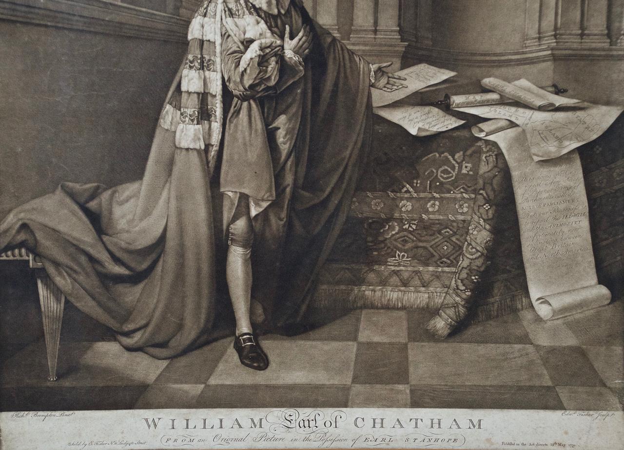 Es handelt sich um ein großes, gerahmtes, sehr seltenes, handkoloriertes, mit Mezzotinto-Gravuren versehenes Porträt von William Pitt, dem Älteren, 1. Earl of Chatham von Edward Fisher, das 1779 nach einem Gemälde von Richard Brompton in London