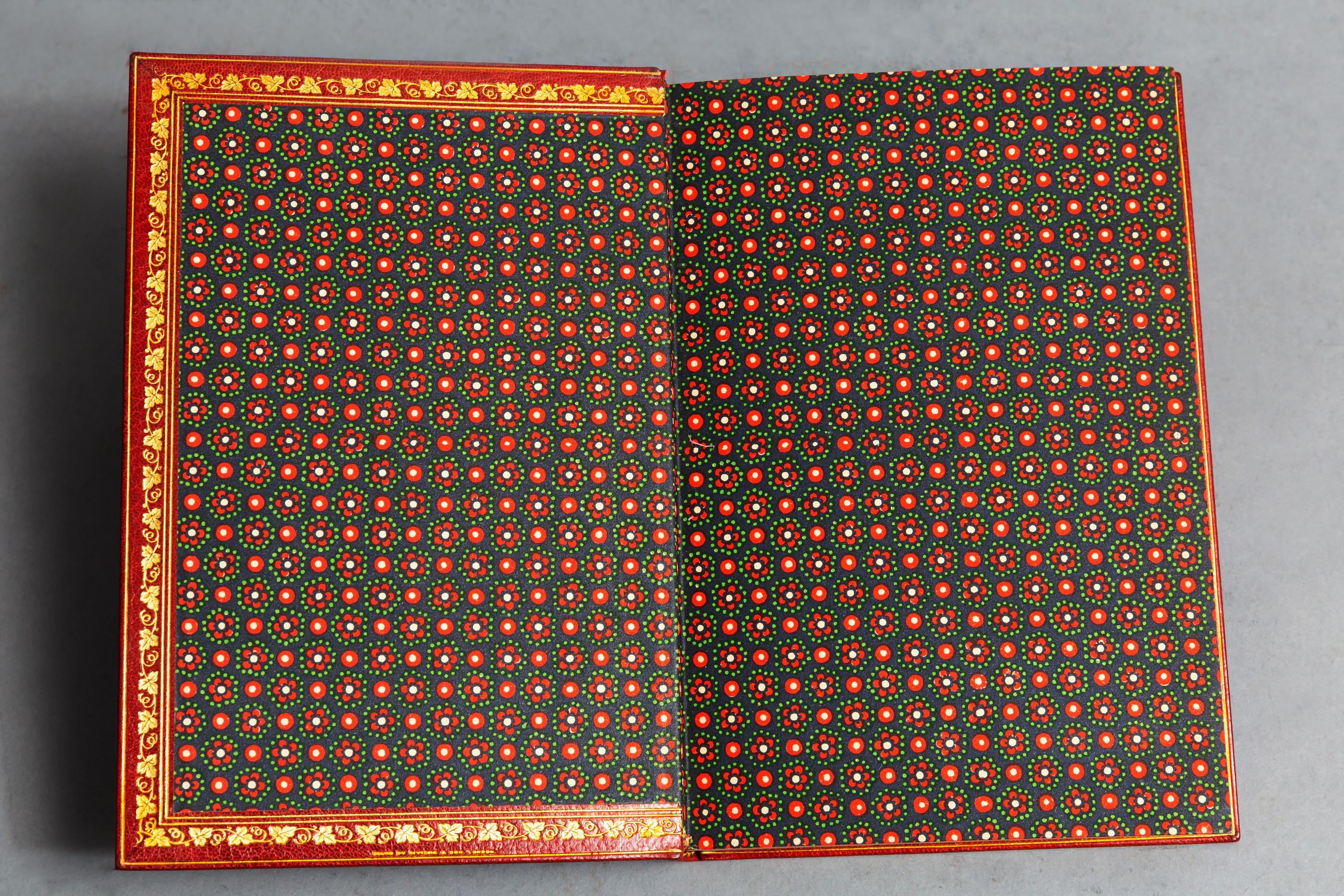 1 volume.

Edward Fitzgerald. Rubaiyat of Omar Khayyam. Bound in full red Morocco with elaborate floral on covers, gilt spine, top edges gilt. Limited to 88 copies, this is #71. 

Published: London: Essex House Press N.D. 1920. 

Beautiful