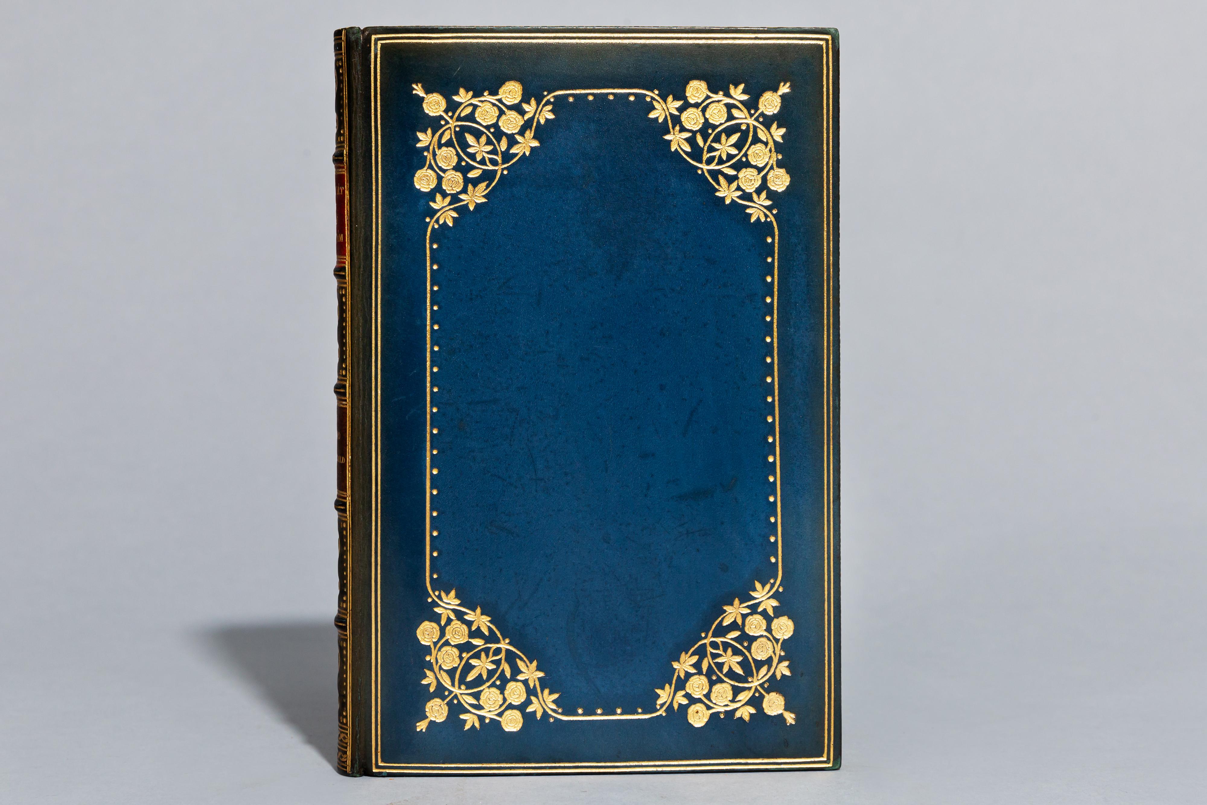 1 volume. 

Colored illustrations by Gilbert James.
Bound in full blue calf by Riviere, all edges gilt, raised bands, gilt on covers and spine.
Published: London, A.& C. Black, 1936.