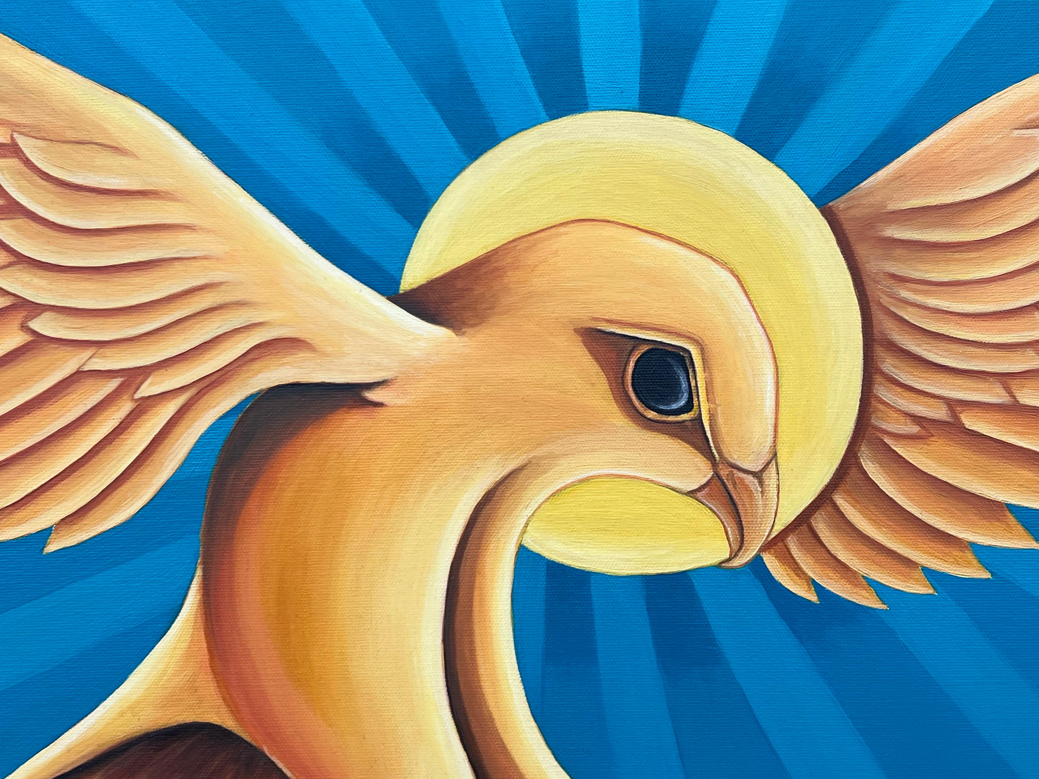 Sacrifice - Surreales Gemälde eines goldenen gelben Vogels der Beute auf der Jagd auf einen Maus im Angebot 7