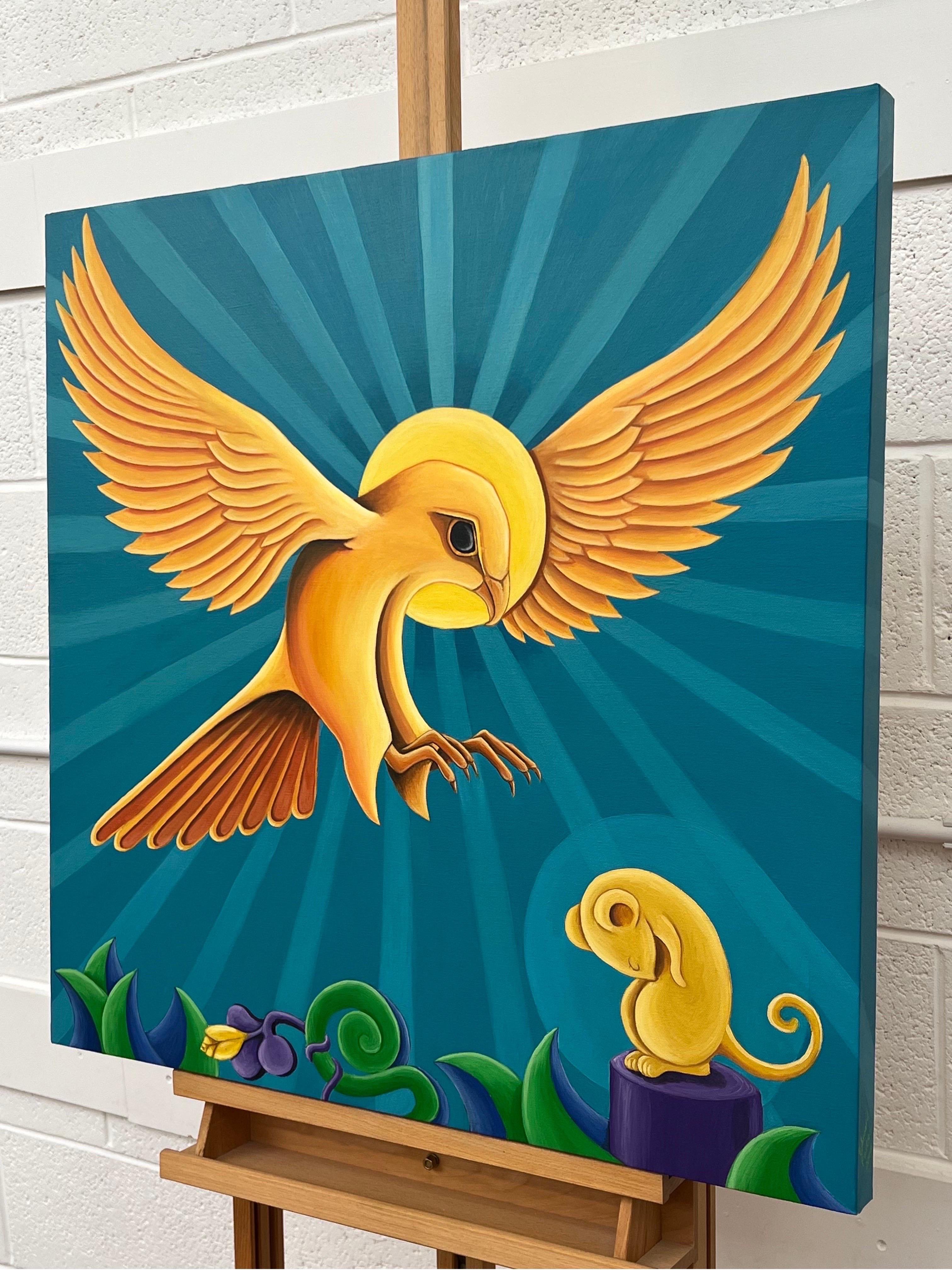 Sacrifice - Surreal Painting of Golden Yellow Bird of Prey Hunting a Mouse, by Contemporary British Artist 

Original, Oil on Canvas 
30 x 30 inches 
Unframed 

The painting continues onto the sides of the box canvas and is signed on the side of the