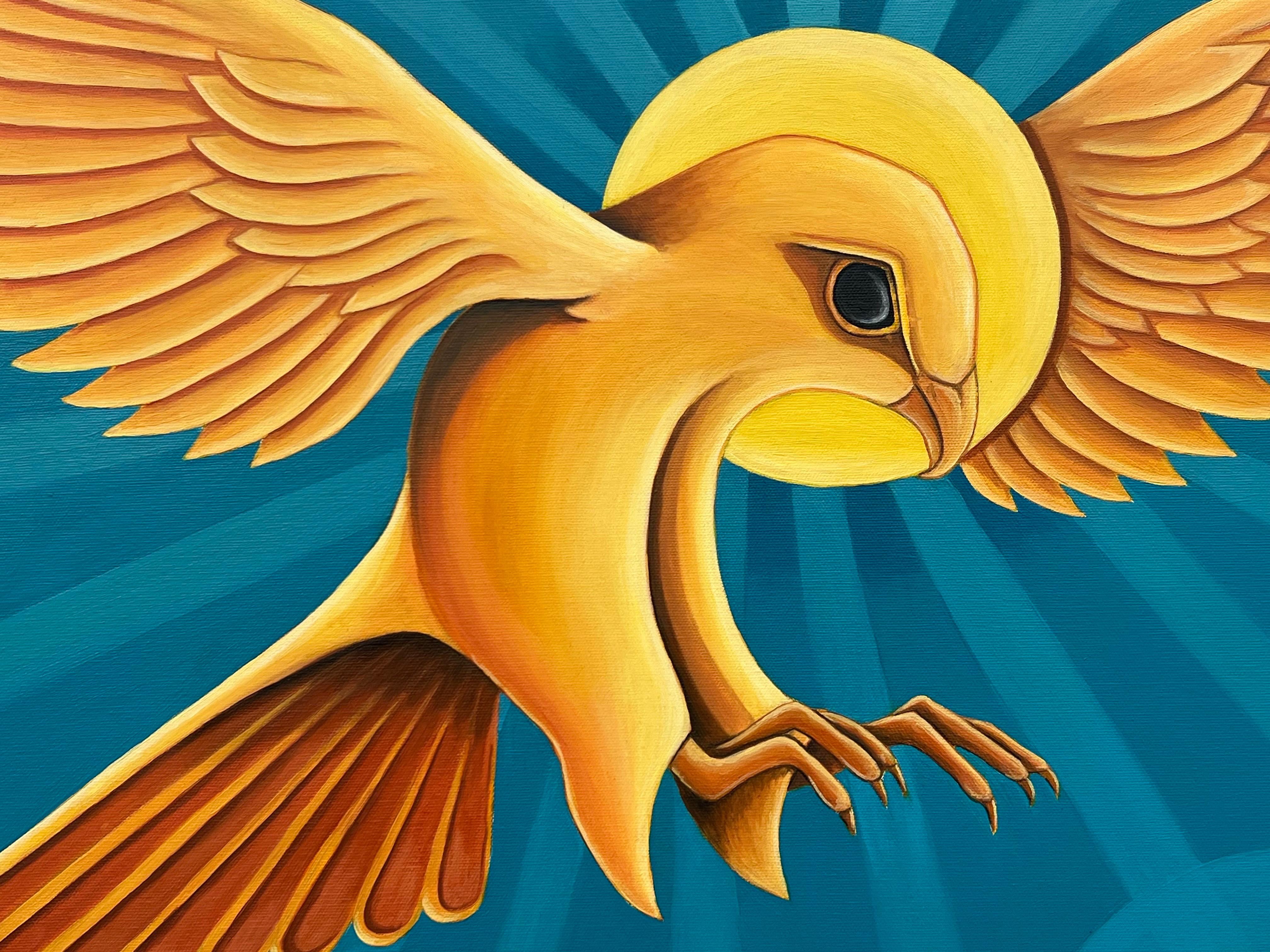 Sacrifice - Surreales Gemälde eines goldenen gelben Vogels der Beute auf der Jagd auf einen Maus im Angebot 2