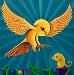 Sacrifice - Surreal Painting of Golden Yellow Bird of Prey Hunting a Mouse