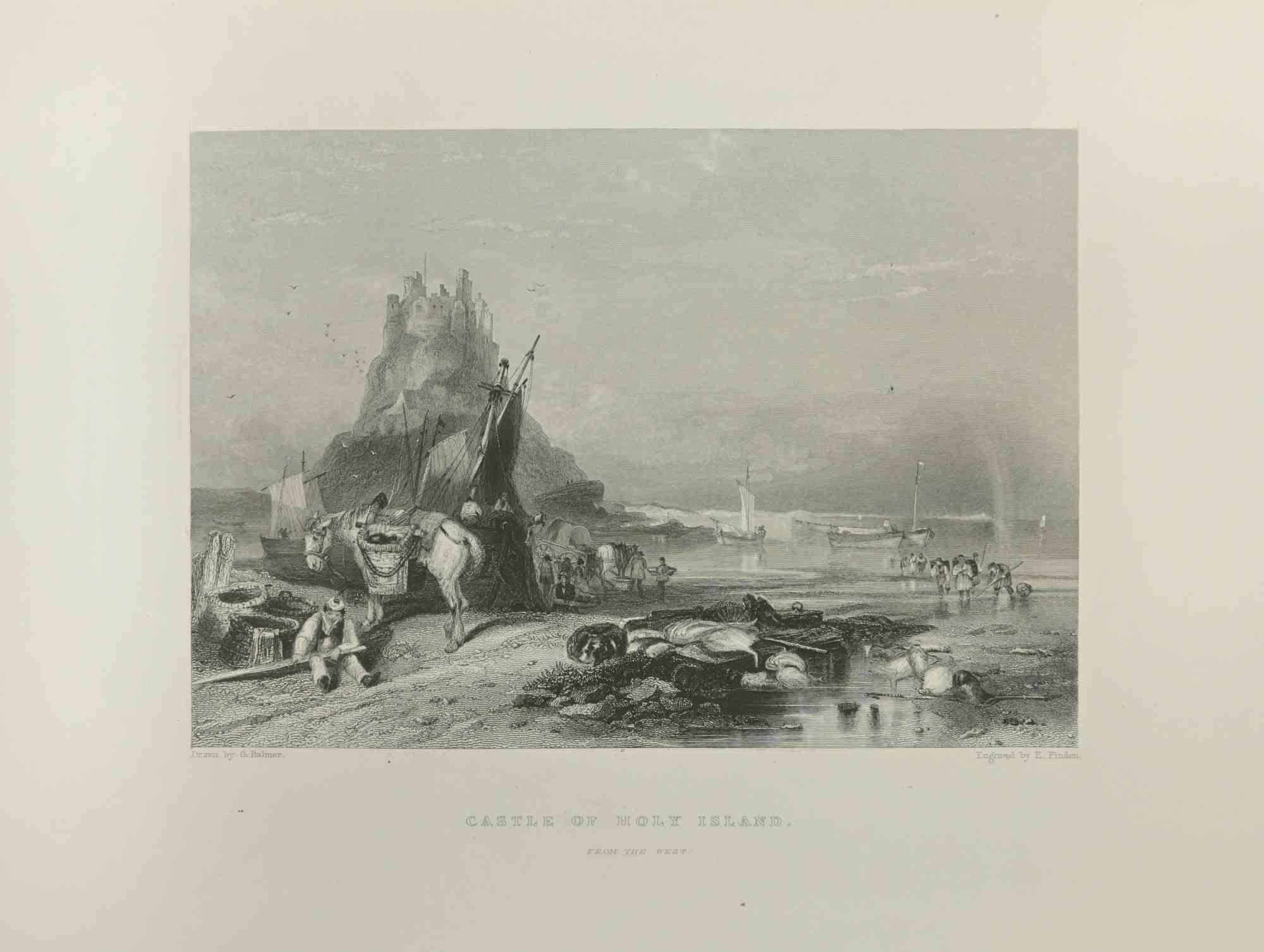 Edward Francis Finden Landscape Print - Castle of Holy Island - Engraving by E.Finden - 1845