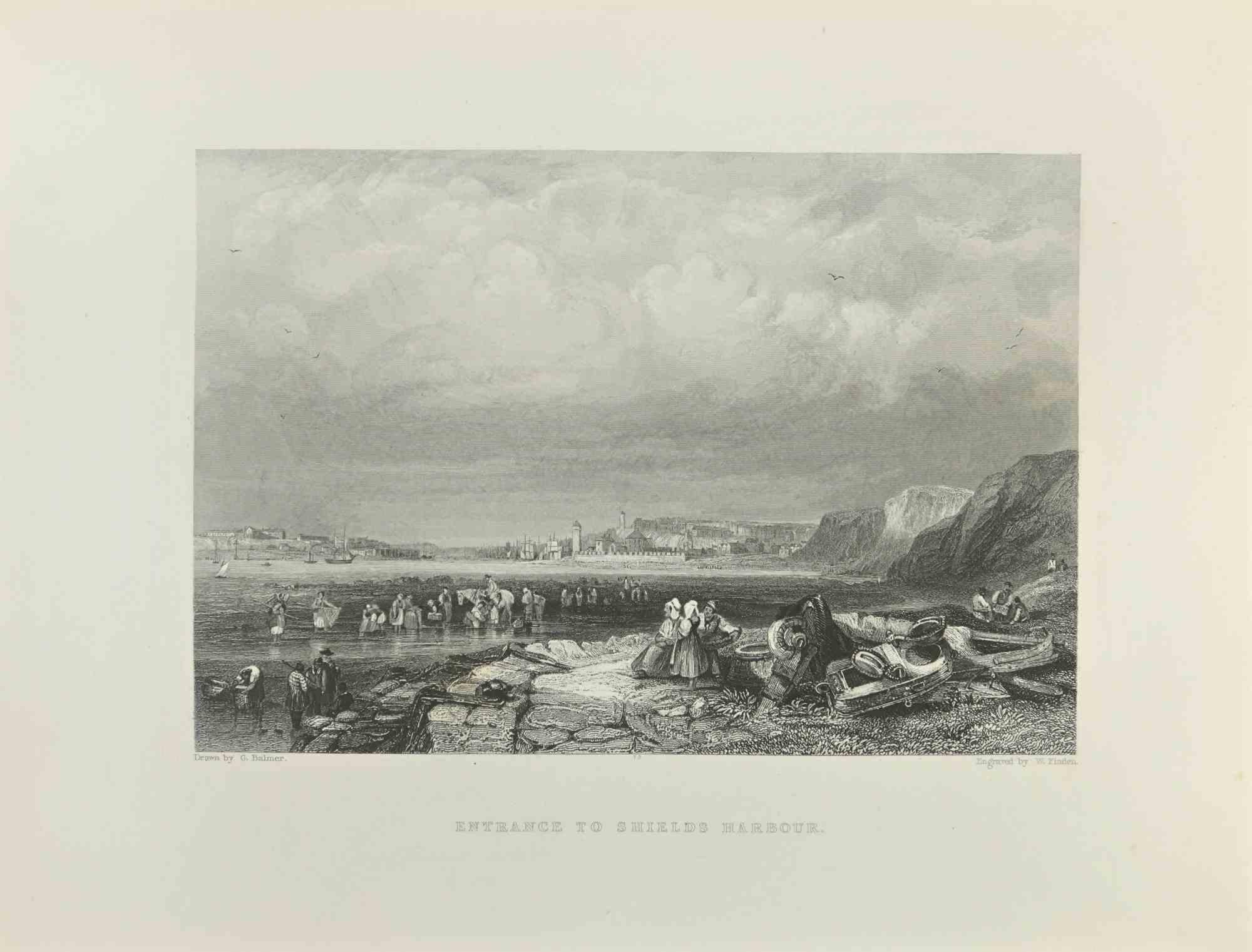 Edward Francis Finden Figurative Print - Entrance to Shields Harbour - Engraving by E. Finden - 1845