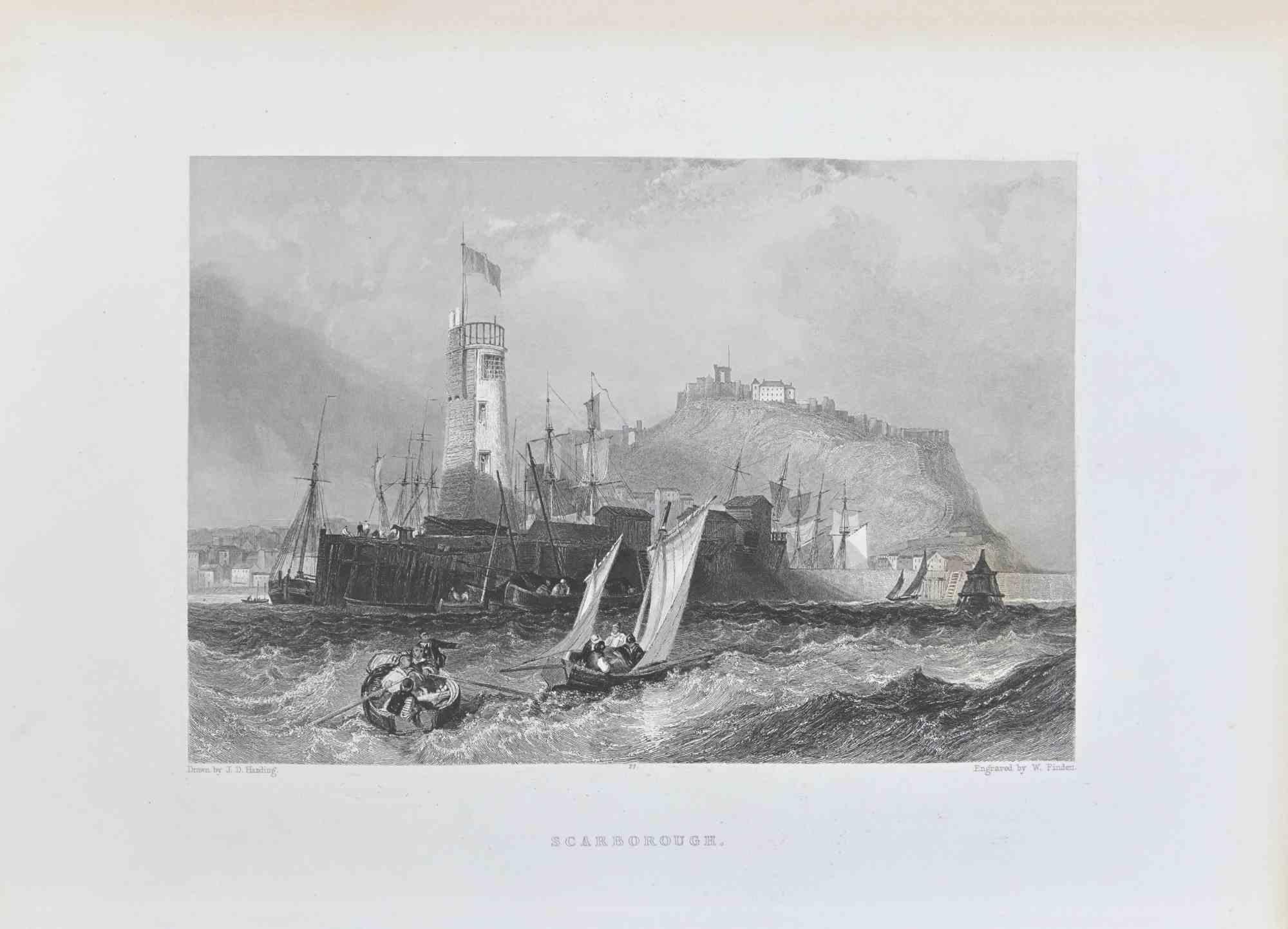 Scarborough is an etching realized in 1845 by Edward Francis Finden.

Signed on the plate. 

Titled on the lower center, from the series of "Ports of Great Britain"

Good conditions with slight foxing.

The artwork is beautifully realized in a