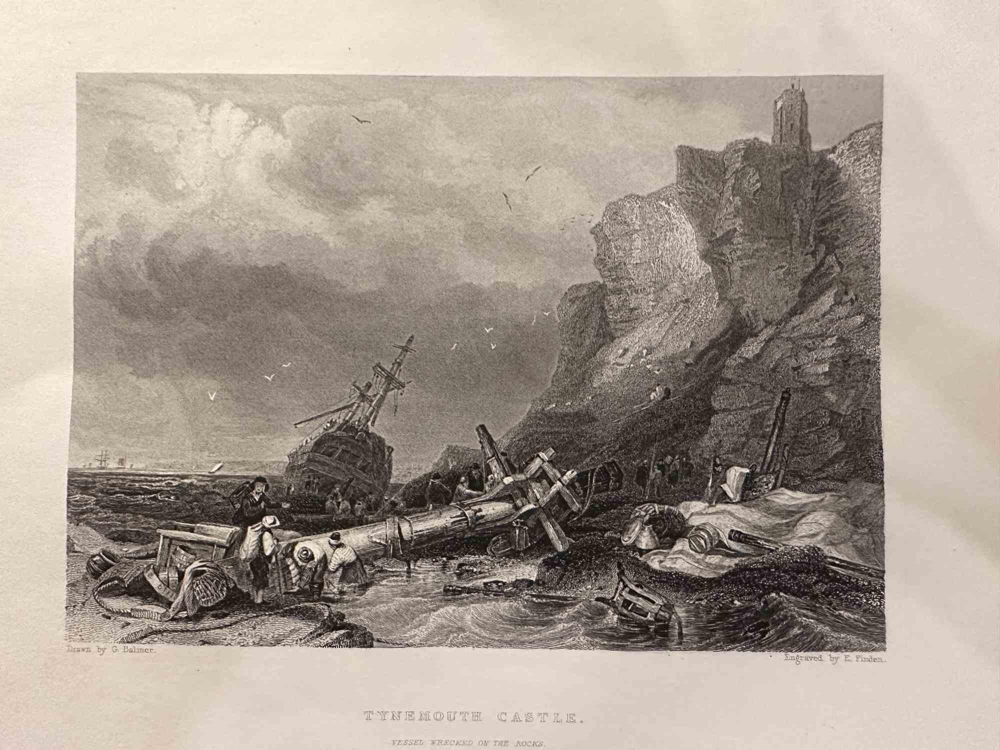 Tynemouth Castel is an etching realized in 1845 by Edward Francis Finden.

Signed on the plate. 

Titled on the lower center, from the series of "Ports of Great Britain"

The artwork is beautifully realized in a well-balanced composition through