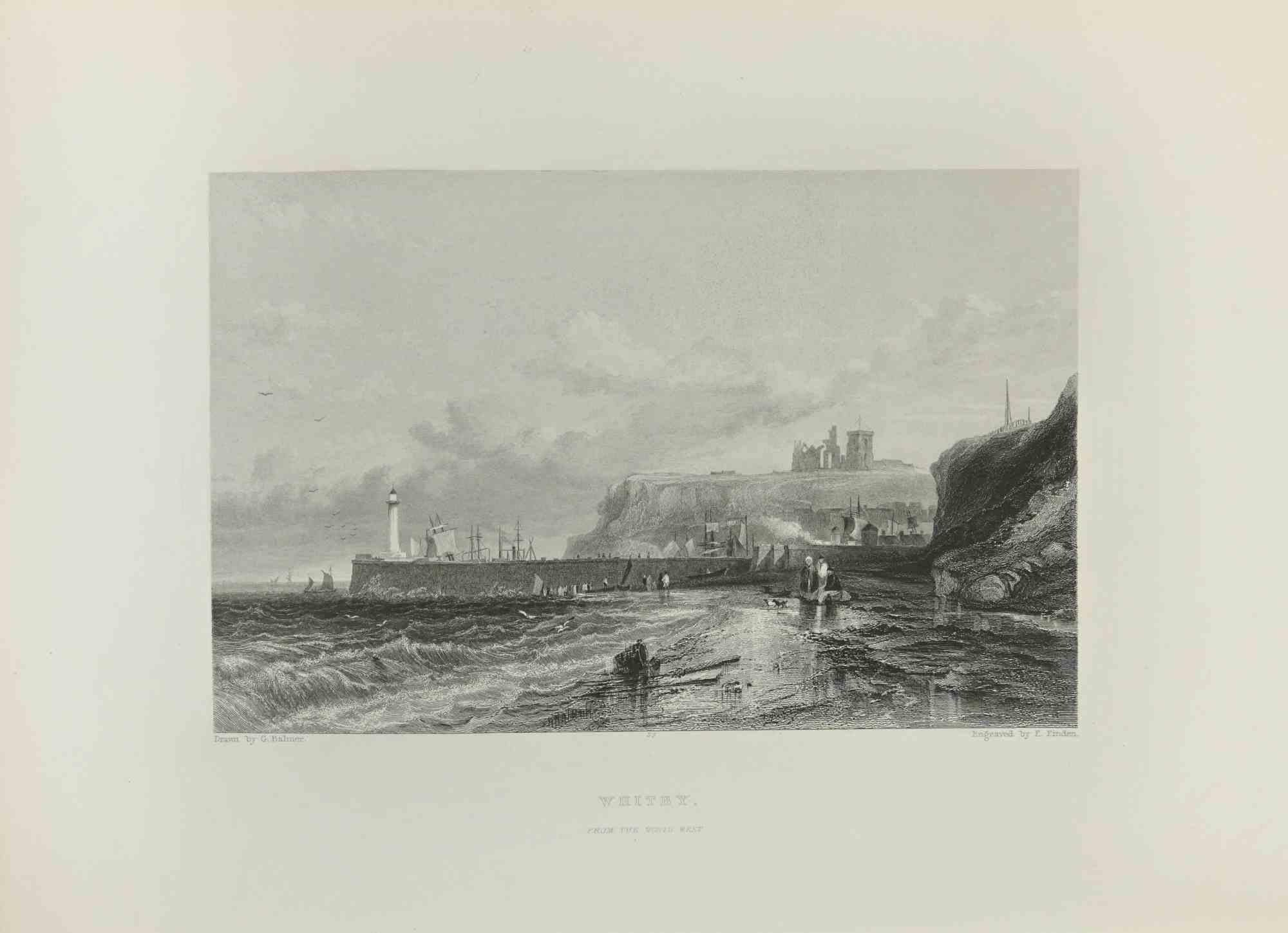 Whitby is an etching realized in 1845 by Edward Francis Finden.

Signed on the plate.

Titled on the lower center, from the series of "Ports of Great Britain"

The artwork is beautifully realized in a well-balanced composition through short, deft