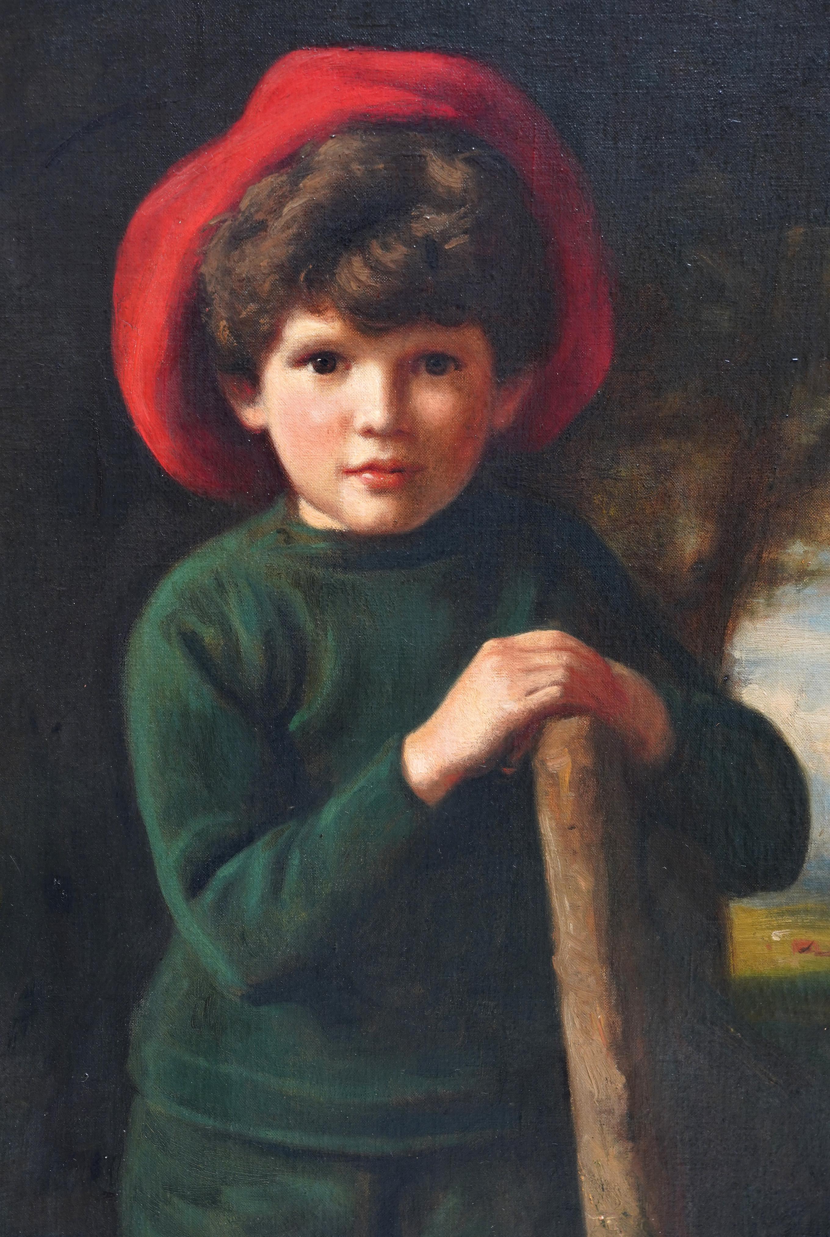 Dieses absolut charmante edwardianische Porträt-Ölgemälde stammt von dem bekannten Künstler Edward Francis Wells. Der Dargestellte ist Brian de Lolme Bullock als sechsjähriger Junge, gemalt 1908. (Es handelt sich um ein stehendes Porträt in halber