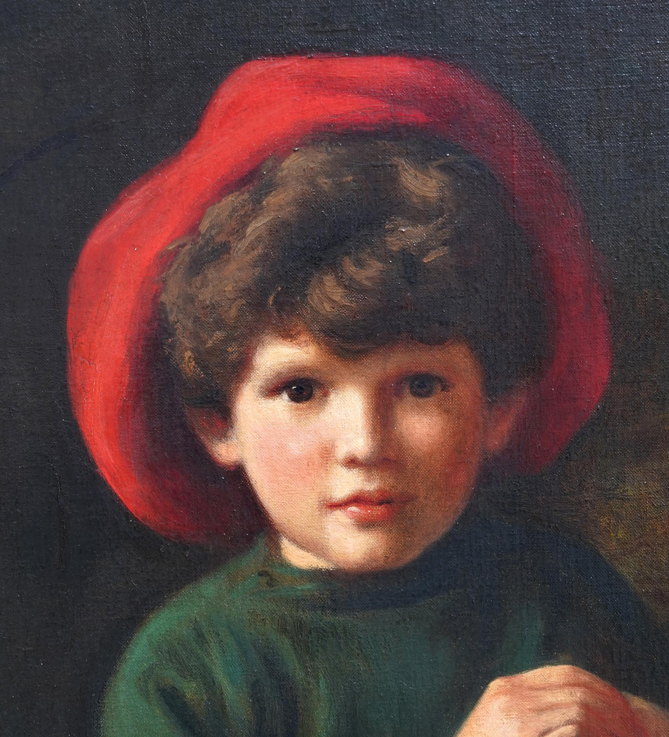 This absolutely charming Edwardian portrait oil painting is by noted artist Edward Francis Wells. Painted in 1908, the sitter is Brian de Lolme Bullock as a six year old boy. (See his details below artist's biography.) It is a standing half length