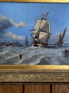 19th century English Marine scene, boats leaving a busy Port