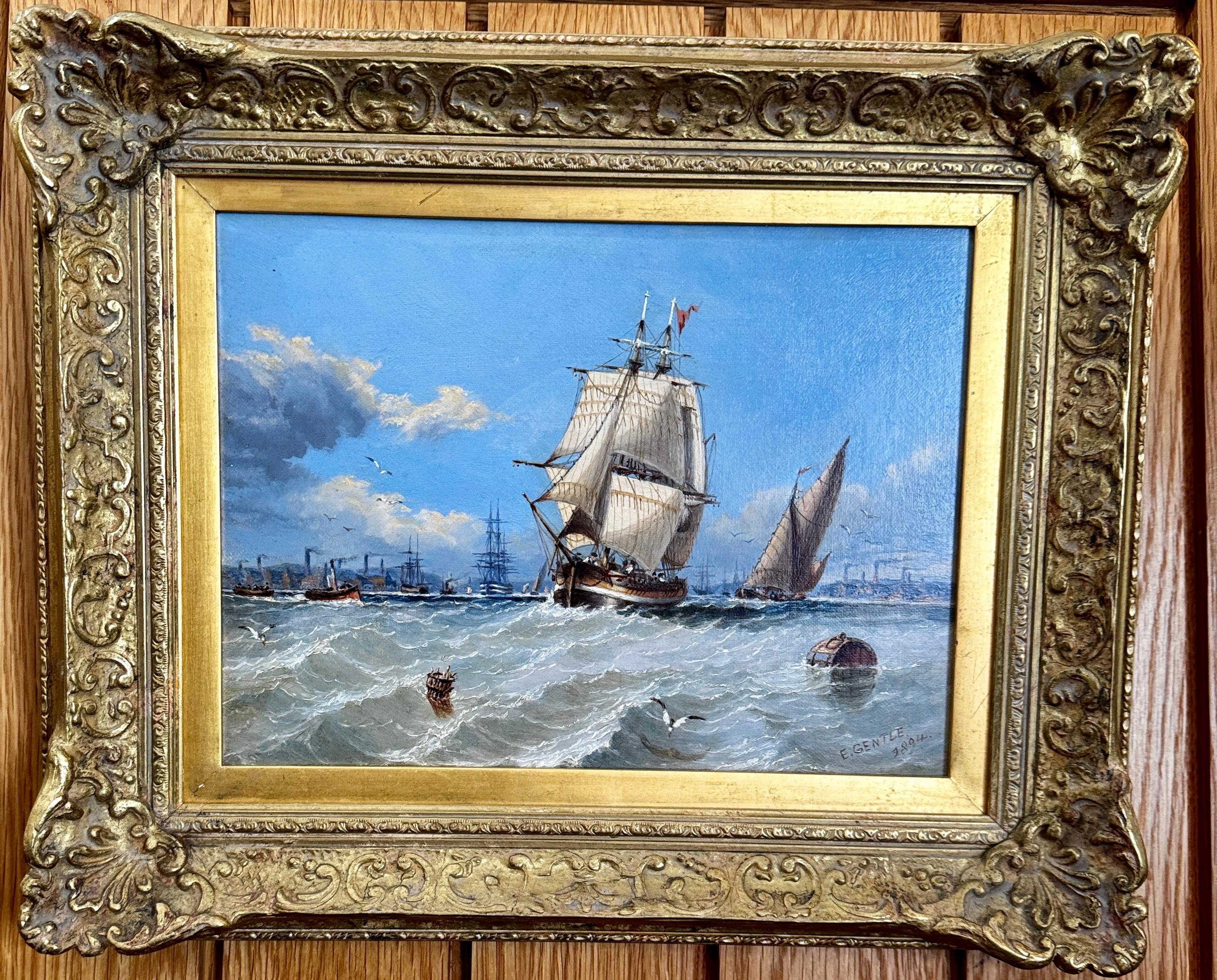 19th century English Marine scene, boats leaving a busy Port