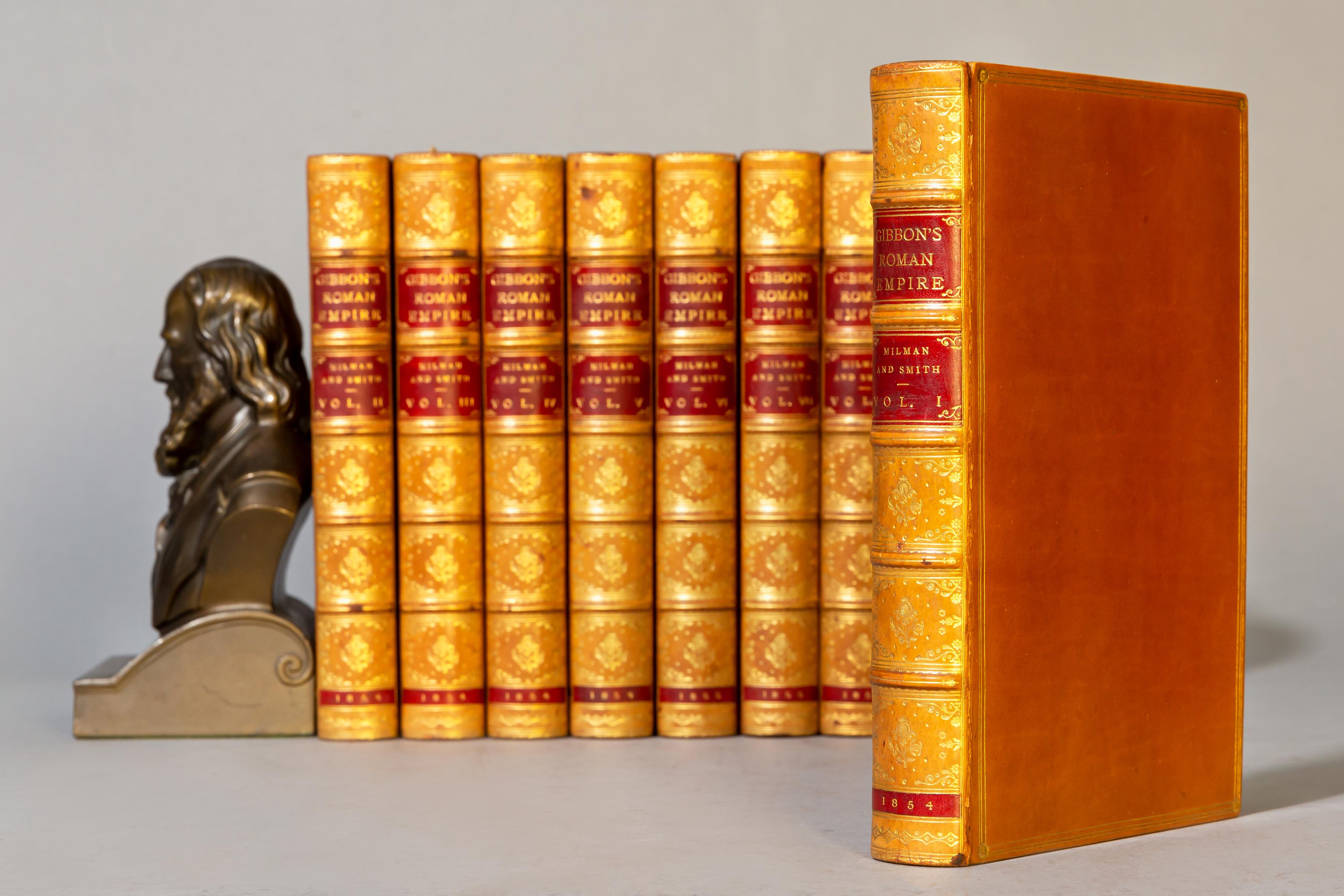 8 volumes. 

Edward Gibbon. The History of The Decline and Fall of The Roman Empire.
With notes by Dean Milman and M.Guizot. Edited with additional notes by William Smith.
With portrait and Maps. Bound in full polished calf by Root and Son, top