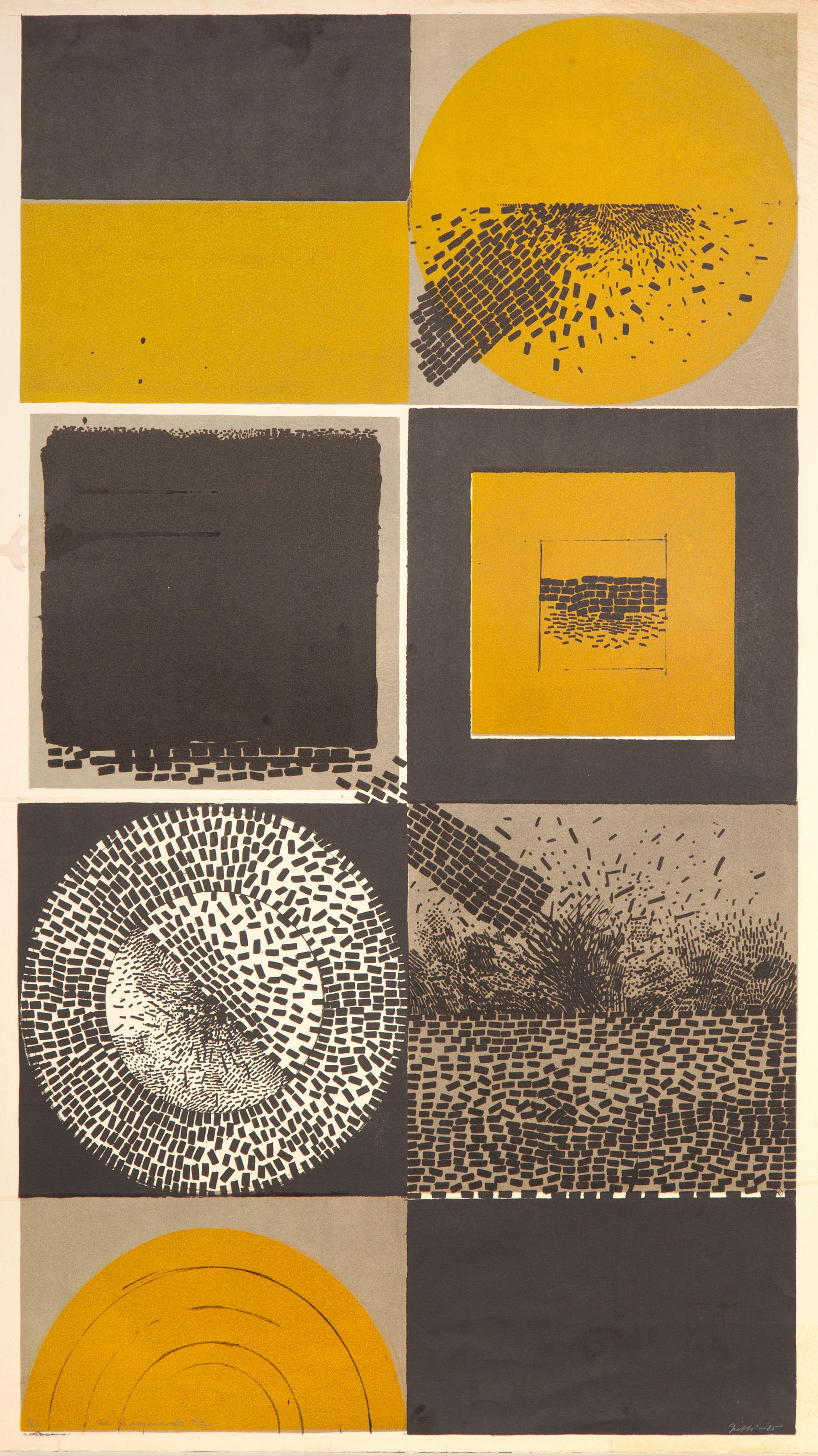  Edward Giobbi, American (1926 - ) -  Layered Bricks, Year: 1965, Medium: Screenprint, signed, dated, dedicated and numbered in pencil, Edition: 7/30, Image Size: 40.25 x 22.5 inches, Size: 41.5 x 24.75 in. (105.41 x 62.87 cm) 
