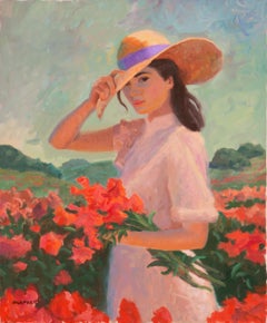 Vintage 'Picking Wildflowers', Large American Impressionist Oil, Carmel, California