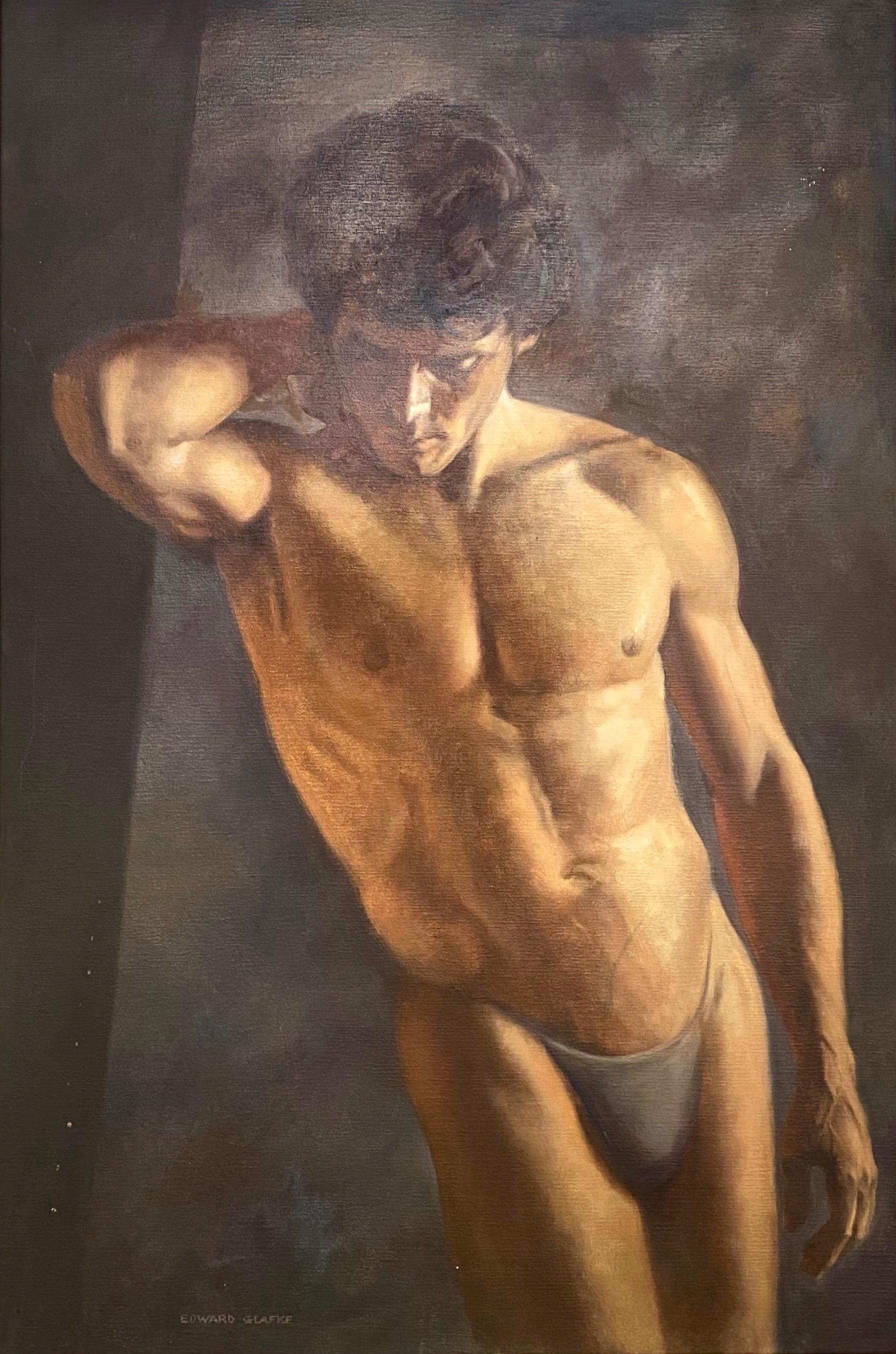 A large and captivating 1970s male figural oil painting by Carmel-by-the-Sea, California artist Edward Glafke (b. 1925–1997).

Skillfully executed realistic portrait of a very fit and handsome man striking a classical pose against a dark,