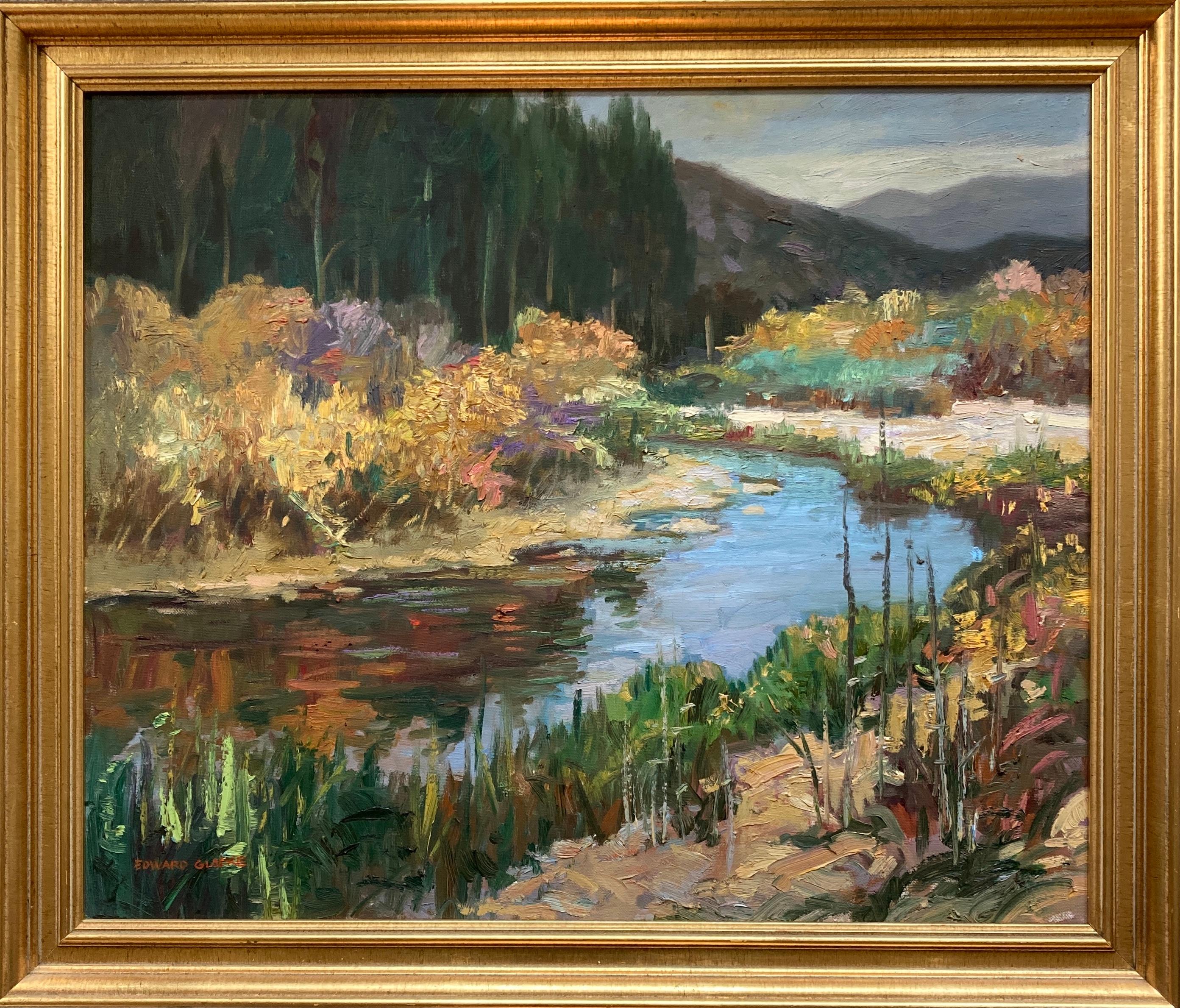 Edward Glafke (American, 1925-1997)
Carmel River
Oil on canvas
Signed lower left
Titled on the verso
Canvas: 20in H x 24in L
In a vintage giltwood frame: 24in H x 27.5 in L x 1.5in D
Edward Glafke was born in Portland Oregon and later moved with his