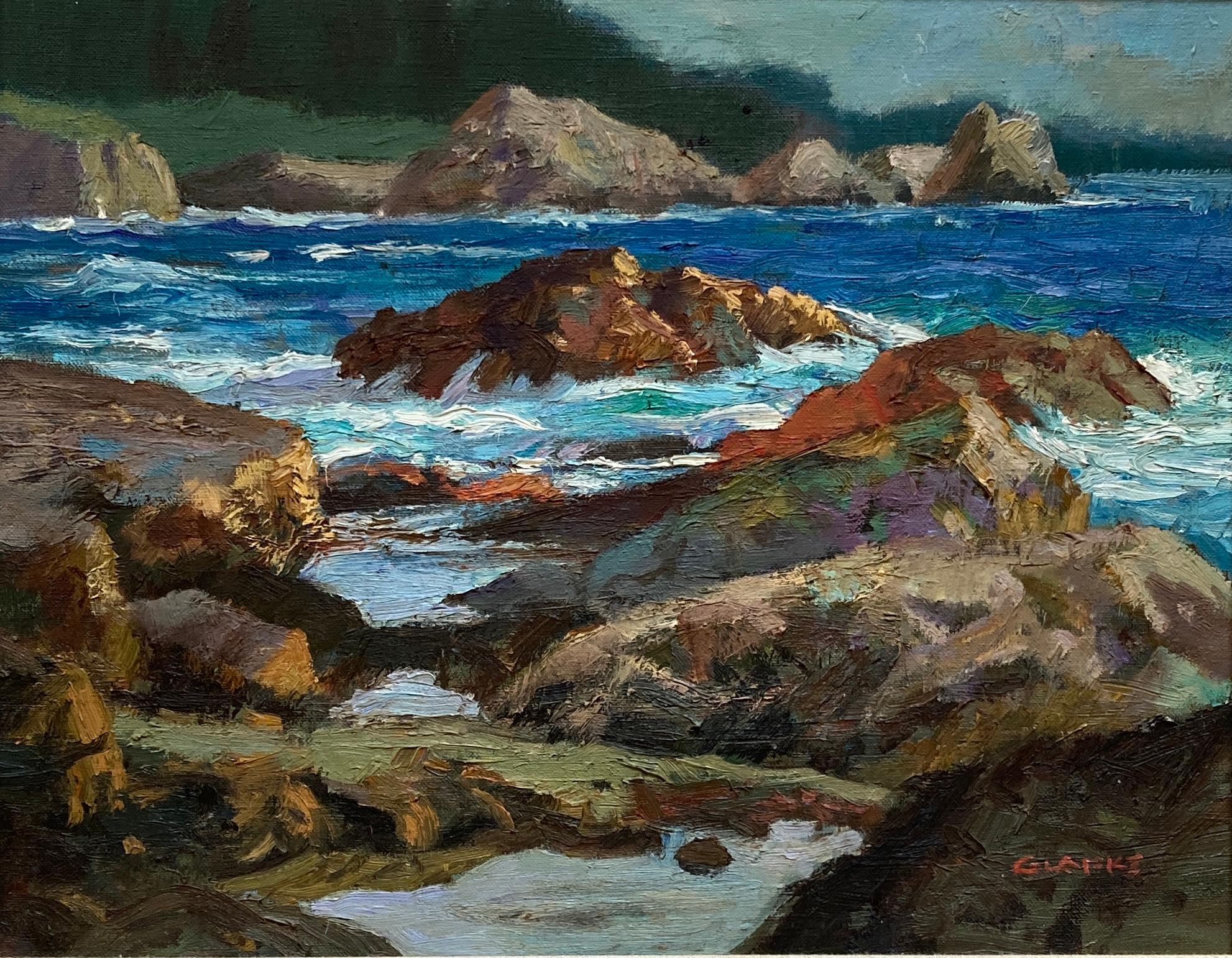 Edward Glafke (American 1925 - 1997)
Pebble Beach Coast
Late 20th C.
Oil on cavas
Signed 'Glafke' lower right
Canvas: 14in H x 18 in L
In a white washed, linen lined frame: 20.25in H x 24.25in L x 2in D

Edward Glafke was born in Portland Oregon and