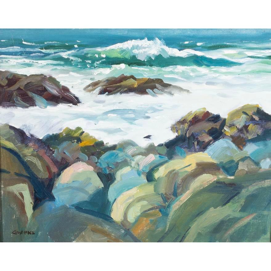Edward Glafke (American 1925 - 1997)
Point Lobos, 1993
Oil on board
Signed 'Glafke' lower left
Signed, titled and dated on the verso
16in H x 20in L
In a vintage wood frame with canvas liner: 21in H x 25.75in L x 1in D
Edward Glafke was born in
