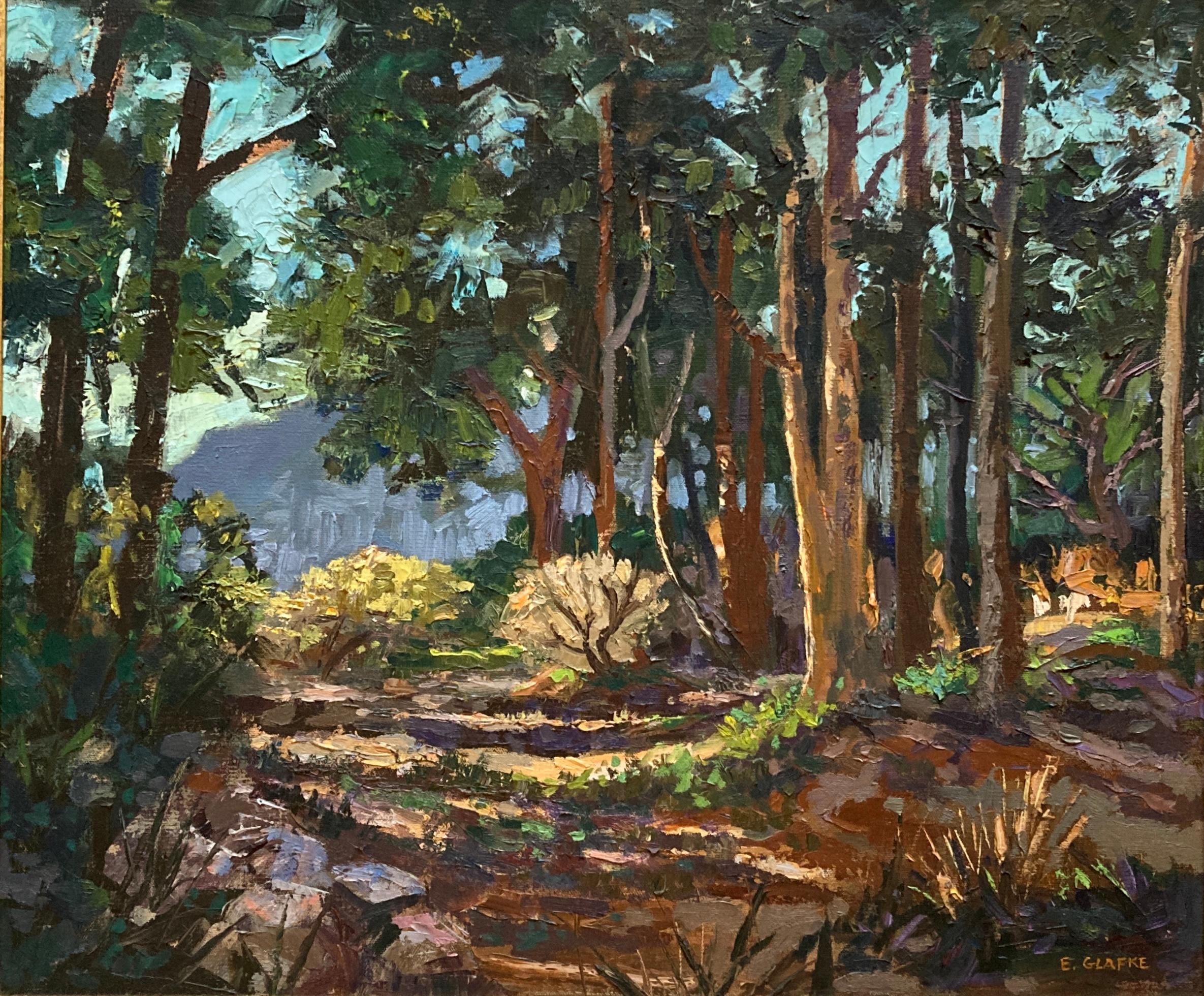 Edward Glafke (American, 1925-1997)
Tiburon Forest, 1990
Oil on canvas
Signed 'E. Glafke' lower right
Verso with handwritten title, date and signature
Canvas: 24in L x 20.5in H
In an vintage giltwood frame: 28in L x 24.5in x 2in D
Edward Glafke was
