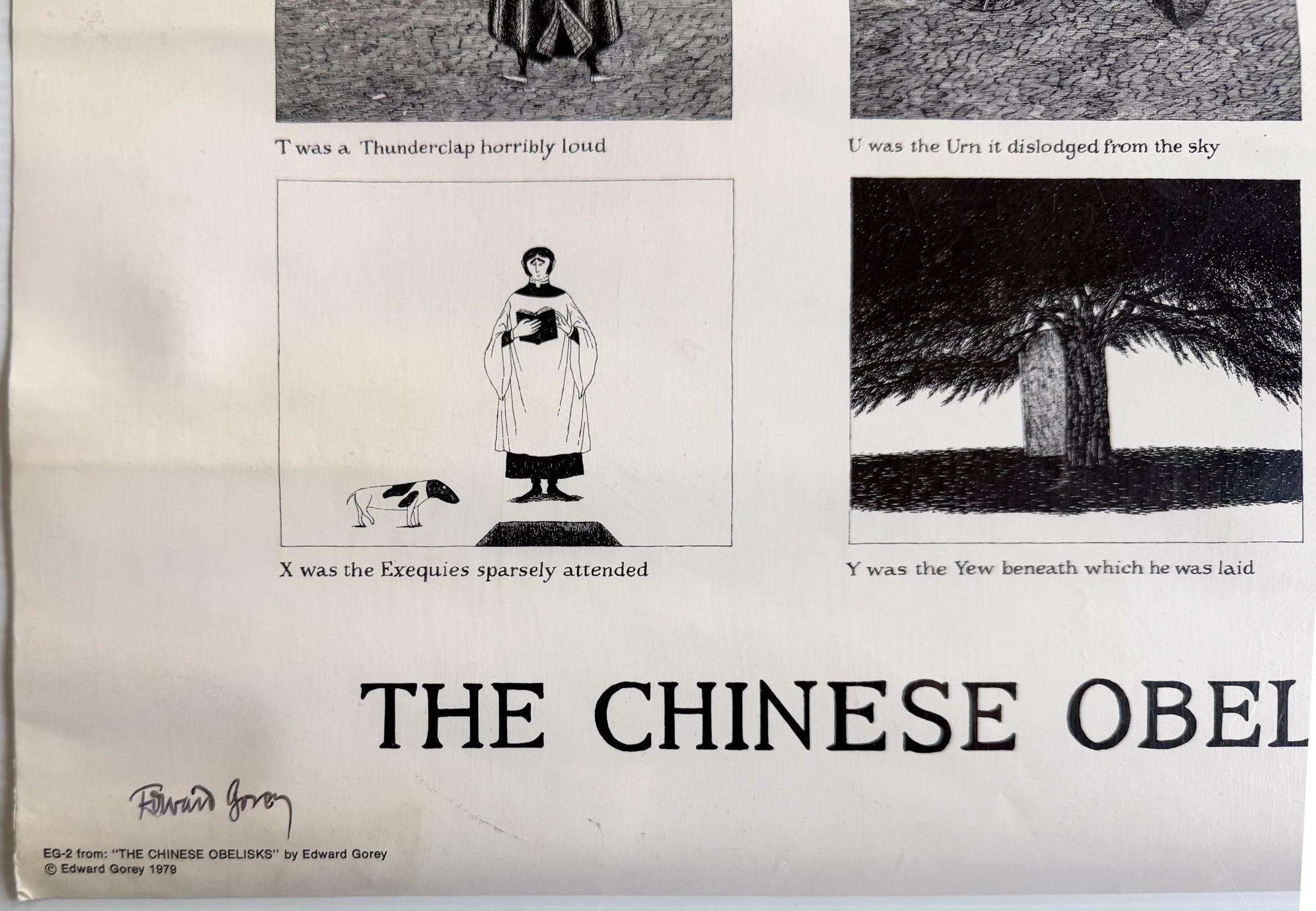 Poster in relazione al libro di Edward Gorey The Chinese Obelisks, pubblicato e distribuito a New York e protetto da copyright di Gorey nel 1979.  È raffigurato uno degli alfabeti morbosamente comici di Gorey. Il poster misura 30