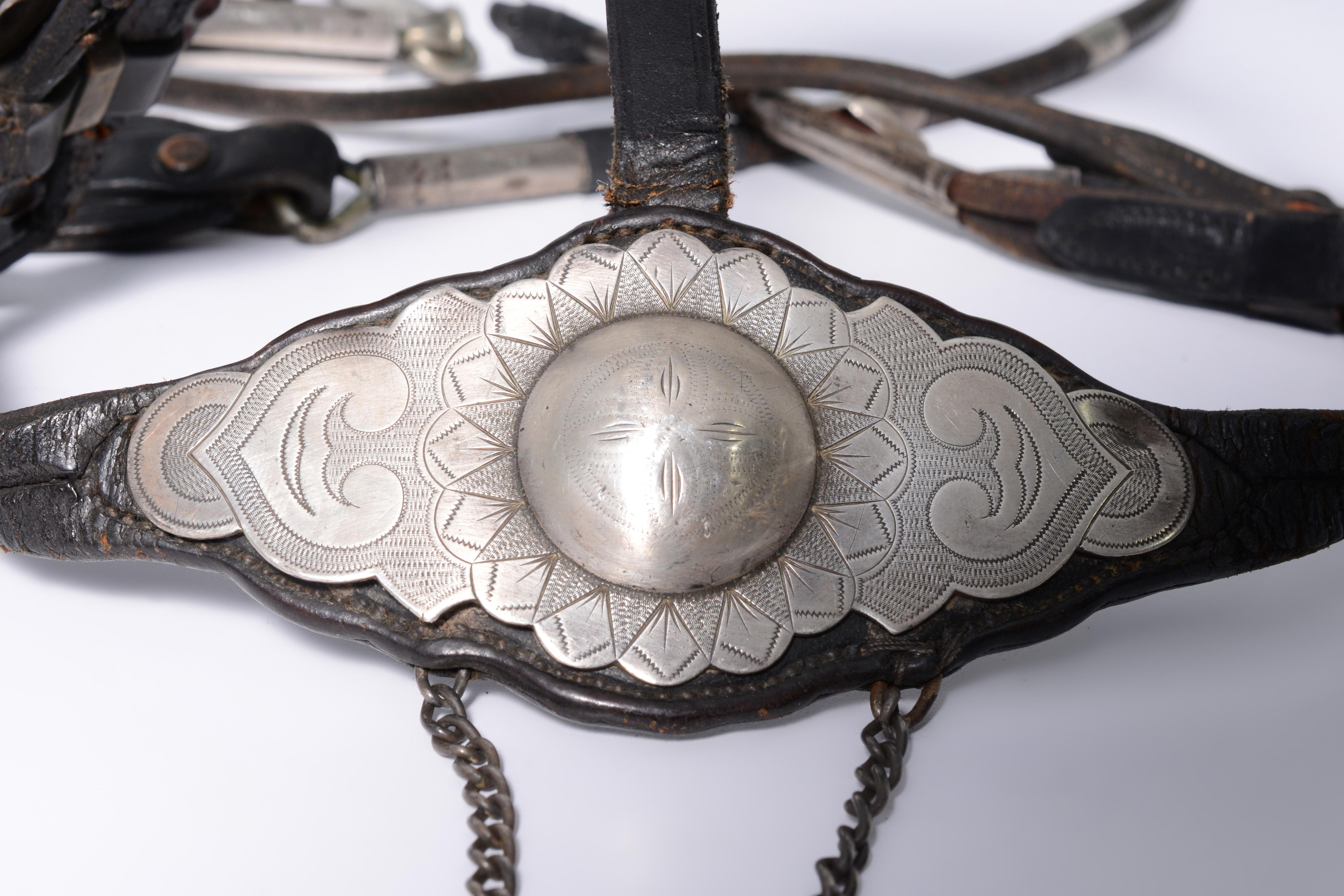 Artist/Designer; Manufacturer: Edward H. Bohlin (Swedish/American, 1895-1980); Hollywood Saddlery Co. (USA)
Marking(s); notes: engraved Bohlin plaque, engraved W.M. Moyers nameplate, marking(s)
Materials: tooled leather, sterling silver, brass,