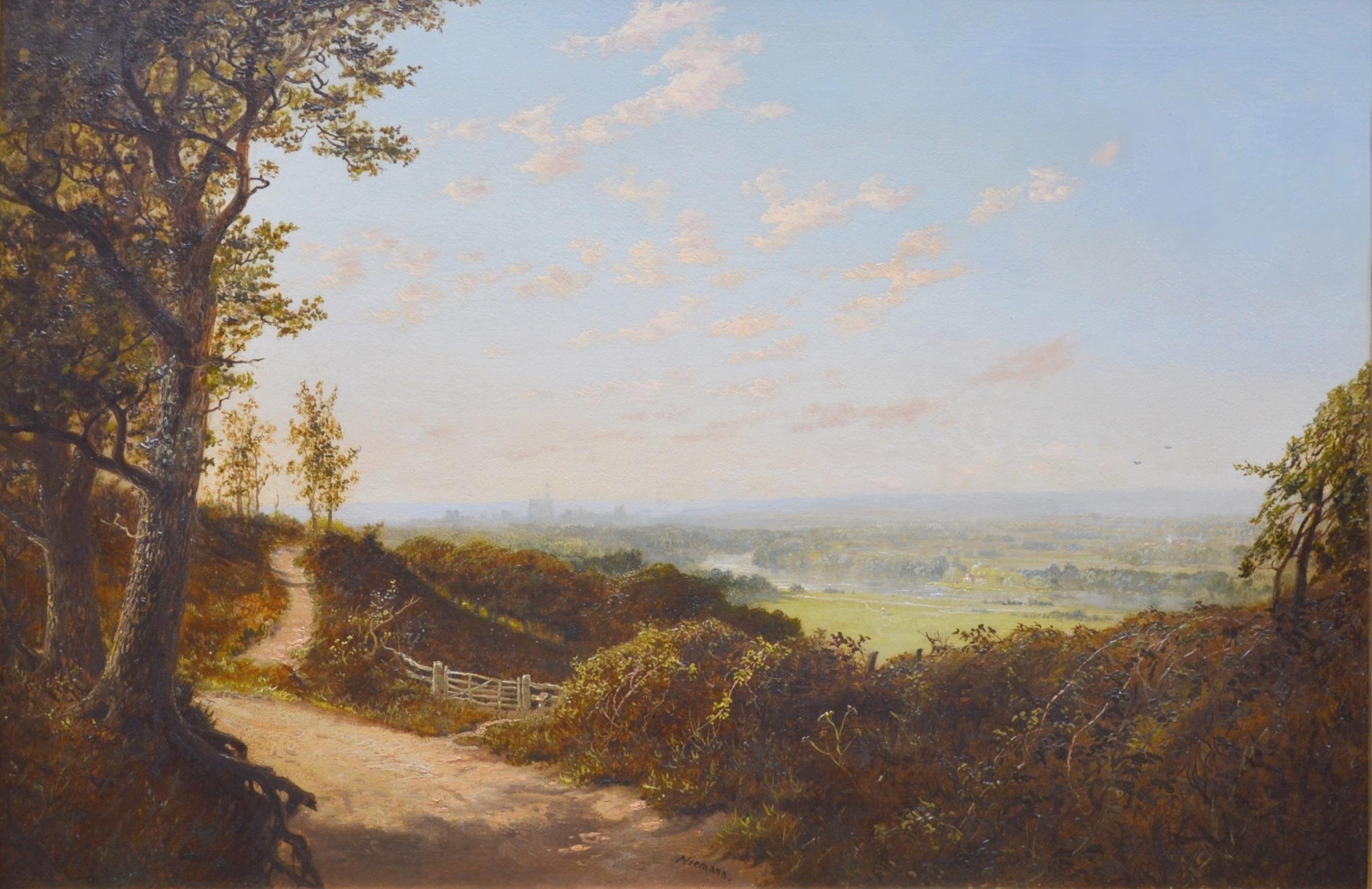 A large fine early 19th century oil on canvas depicting an expansive summer landscape ‘Above the River Thames near Windsor’ by the eminent Victorian painter Edward Henry Niemann (1842-1910). The painting is signed by the artist and sold in a superb