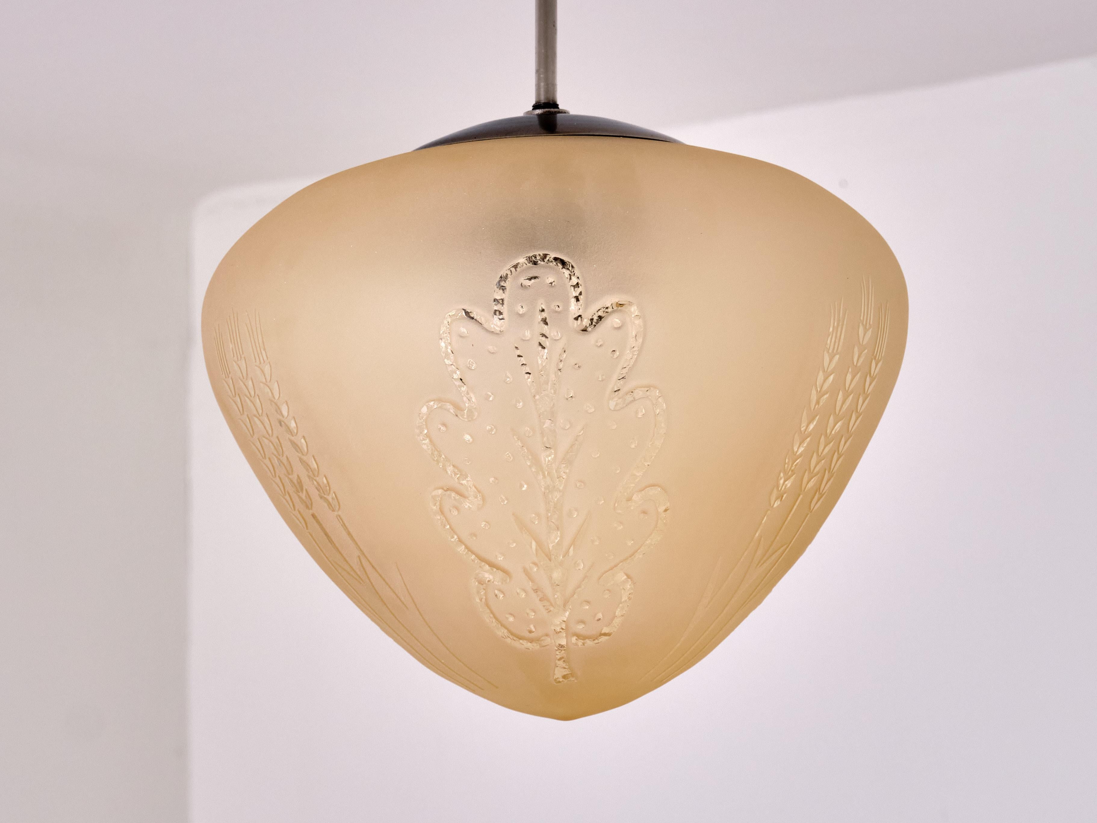 Swedish Edward Hald Attributed Pendant Lamp, Decorated Glass, Orrefors, Sweden, 1930s For Sale