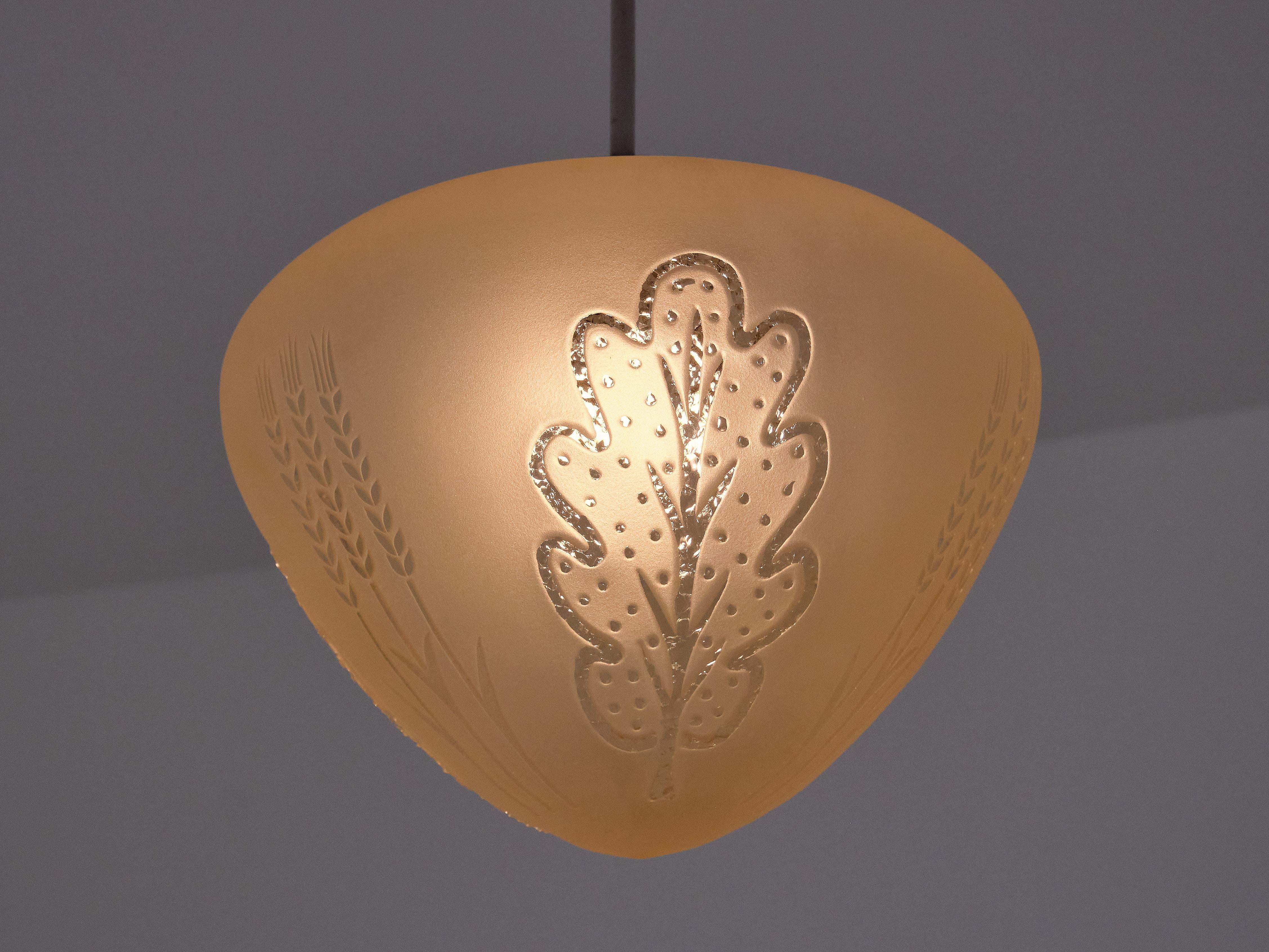 Metal Edward Hald Attributed Pendant Lamp, Decorated Glass, Orrefors, Sweden, 1930s For Sale