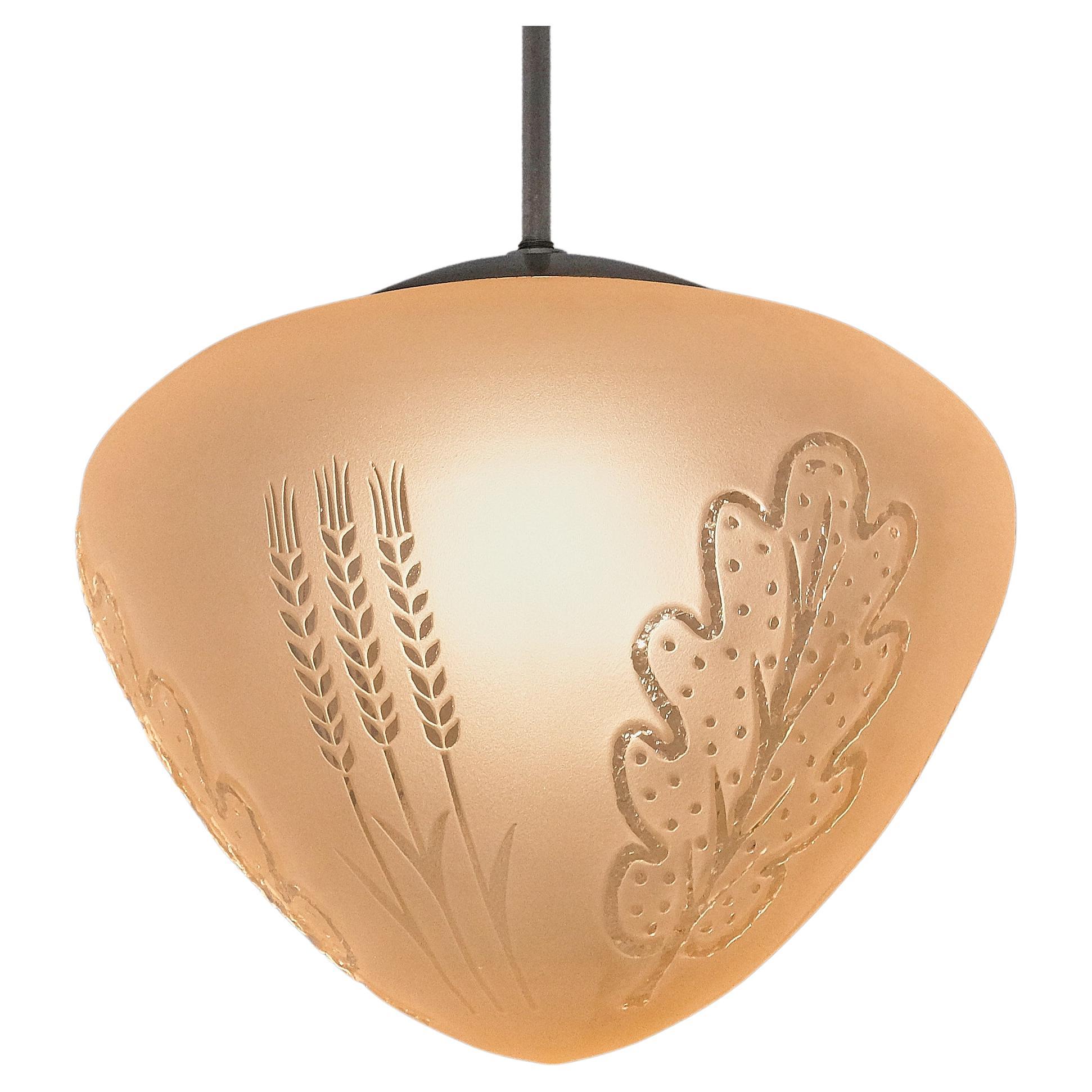 Edward Hald Attributed Pendant Lamp, Decorated Glass, Orrefors, Sweden, 1930s