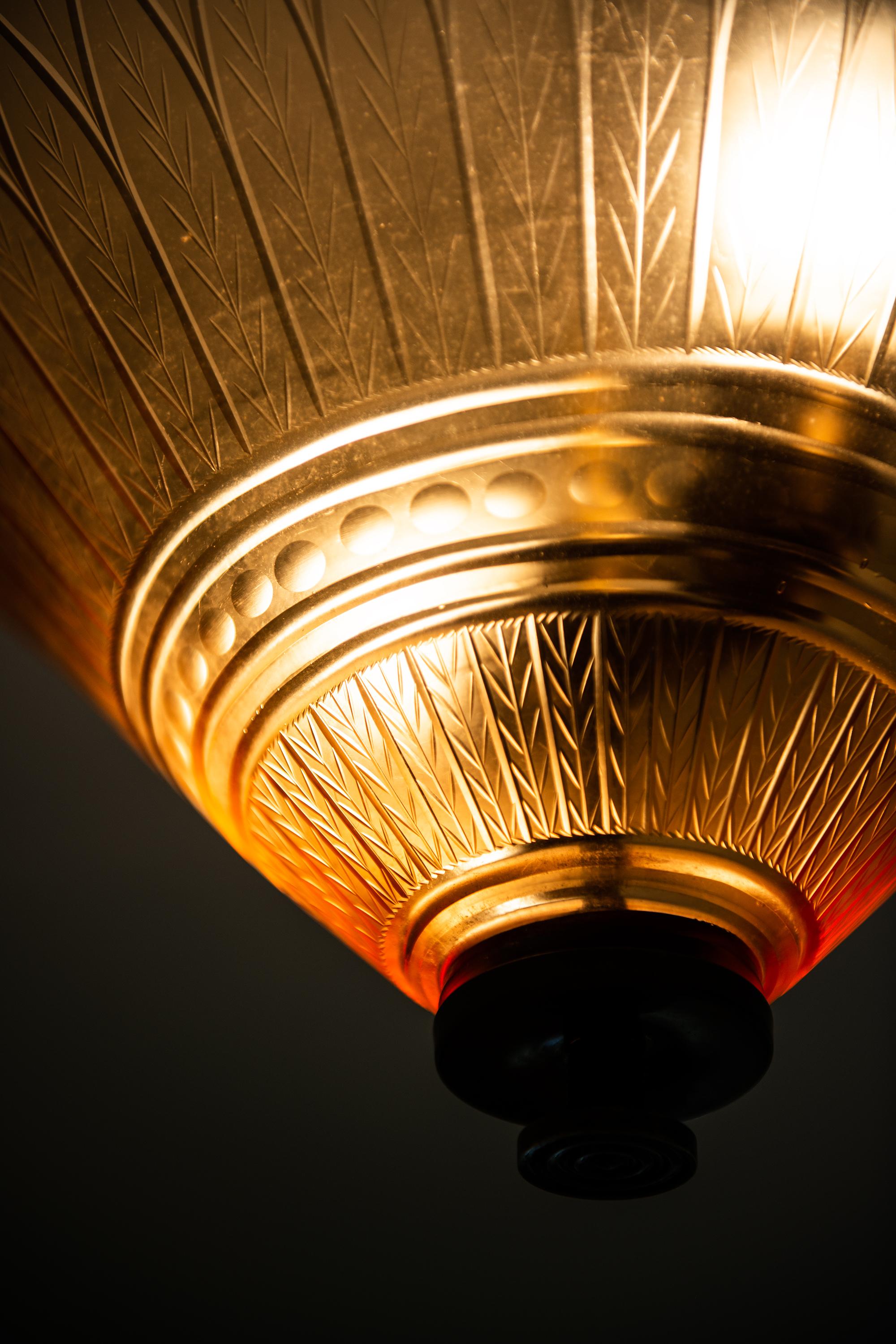 Brass Edward Hald Ceiling Lamp Produced by Orrefors in Sweden For Sale